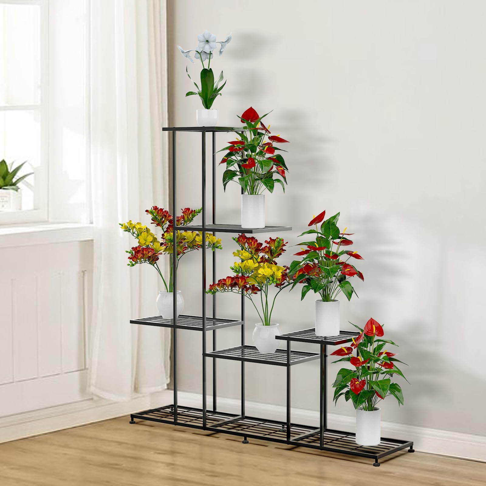 CPROSP Soporte para Plantas de Interior y Exterior de Metal Negro | Estantería para Plantas con 4 Niveles; Soporte para Macetas de Flores para Terraza, Jardín; Sala de Estar; Balcón Dormitorio
