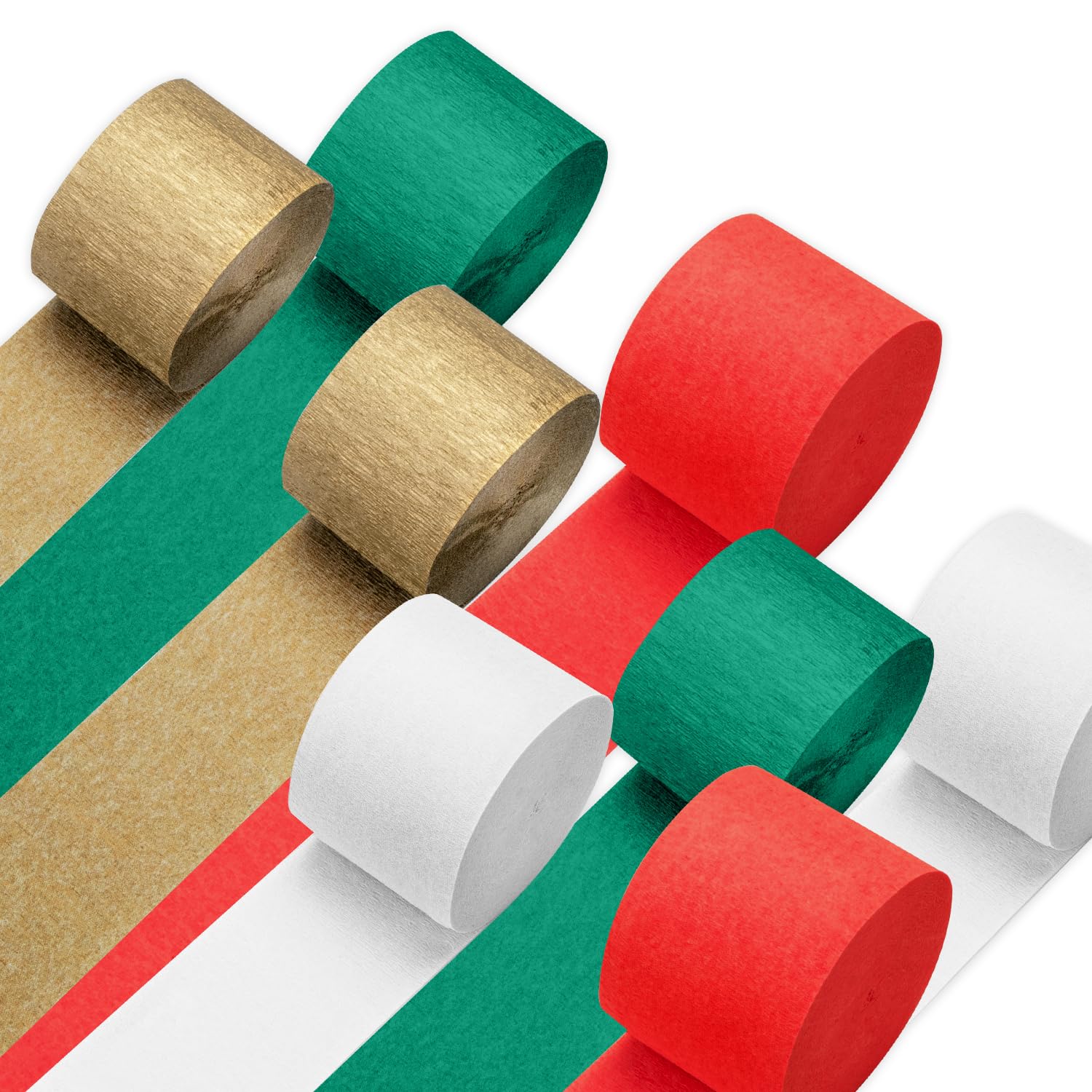 PIGETALE 8 Rolls Crepe Paper Craft Streamers 656ft Green Red Gold White Crepe Paper Roll Streamer Curtain Backdrop Hanging Tassels for Birthday Wedding Christmas Festival Party Decor (4.5CMx25M/Roll)