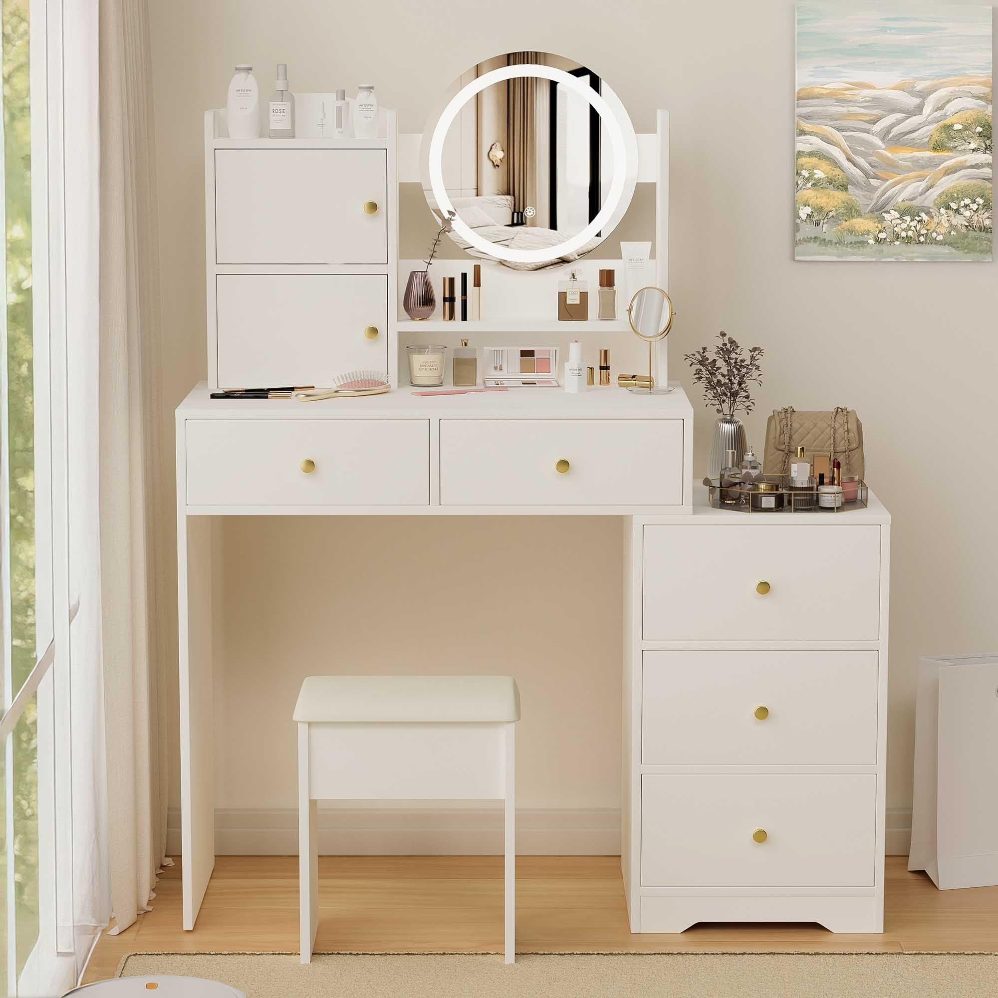 vanity desk with mirror and lights, makeup vanity table set with adjustable 3-color lighting, white desk with drawers and cushioned chair for bedroom, white vanity with lighted mirror (model-1)