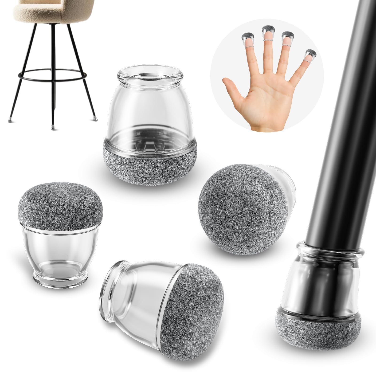 Ezprotekt 32 Pcs Extra Small Silicone Chair Leg Floor Protectors,10mm-15mm Chair Leg Caps,Clear Round Bar Stool/Grey Felt Pads for Chair Feet