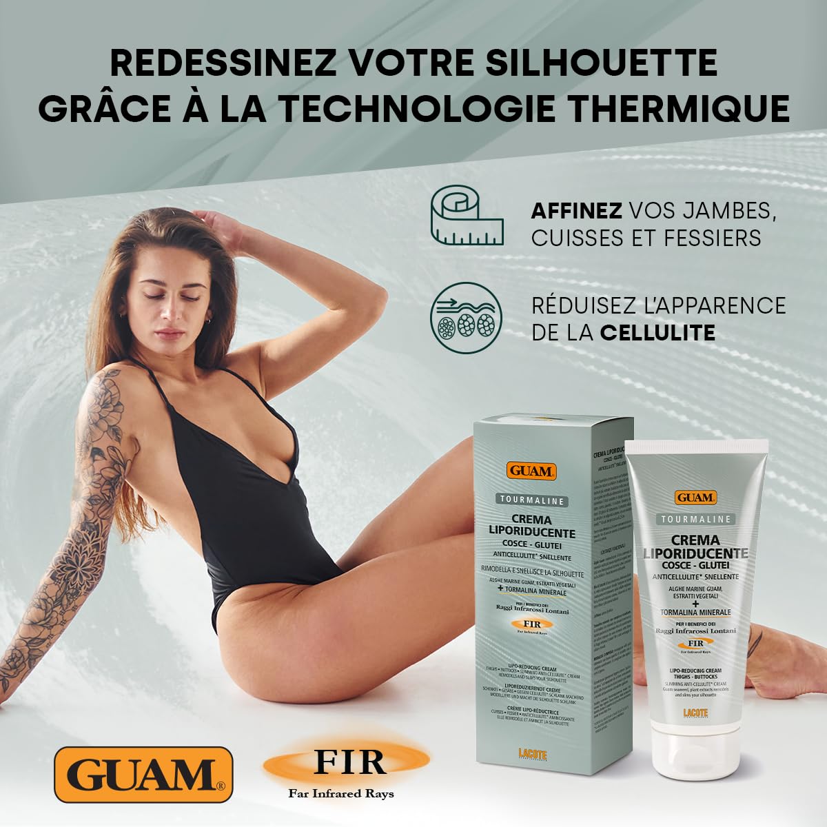 GUAM FIR Crème Amincissante Anticellulite Cuisses et Fesses - 200ml Crème Raffermissante à la Tourmaline Effet Chauffant Liporéducteur - Estompe l’Aspect de Cellulite, Favorise Fermeté et Élasticité