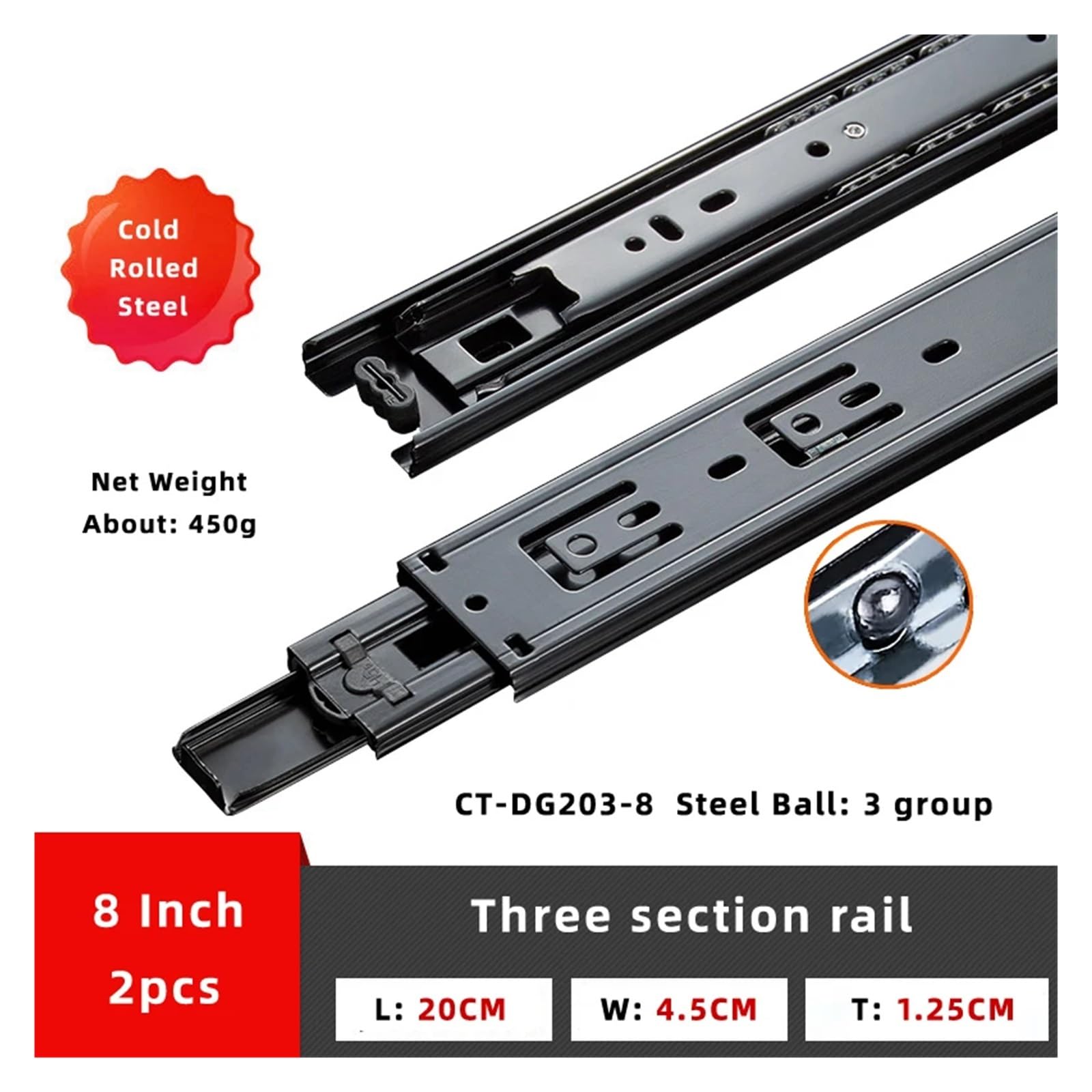 Binario per cassetti in Acciaio Laminato a Freddo Nero, Guide scorrevoli a Tre sezioni, Guide scorrevoli a 3 Vie da 8 a 20 Pollici (Dg203 8 Pollici),Dg203 8 inch