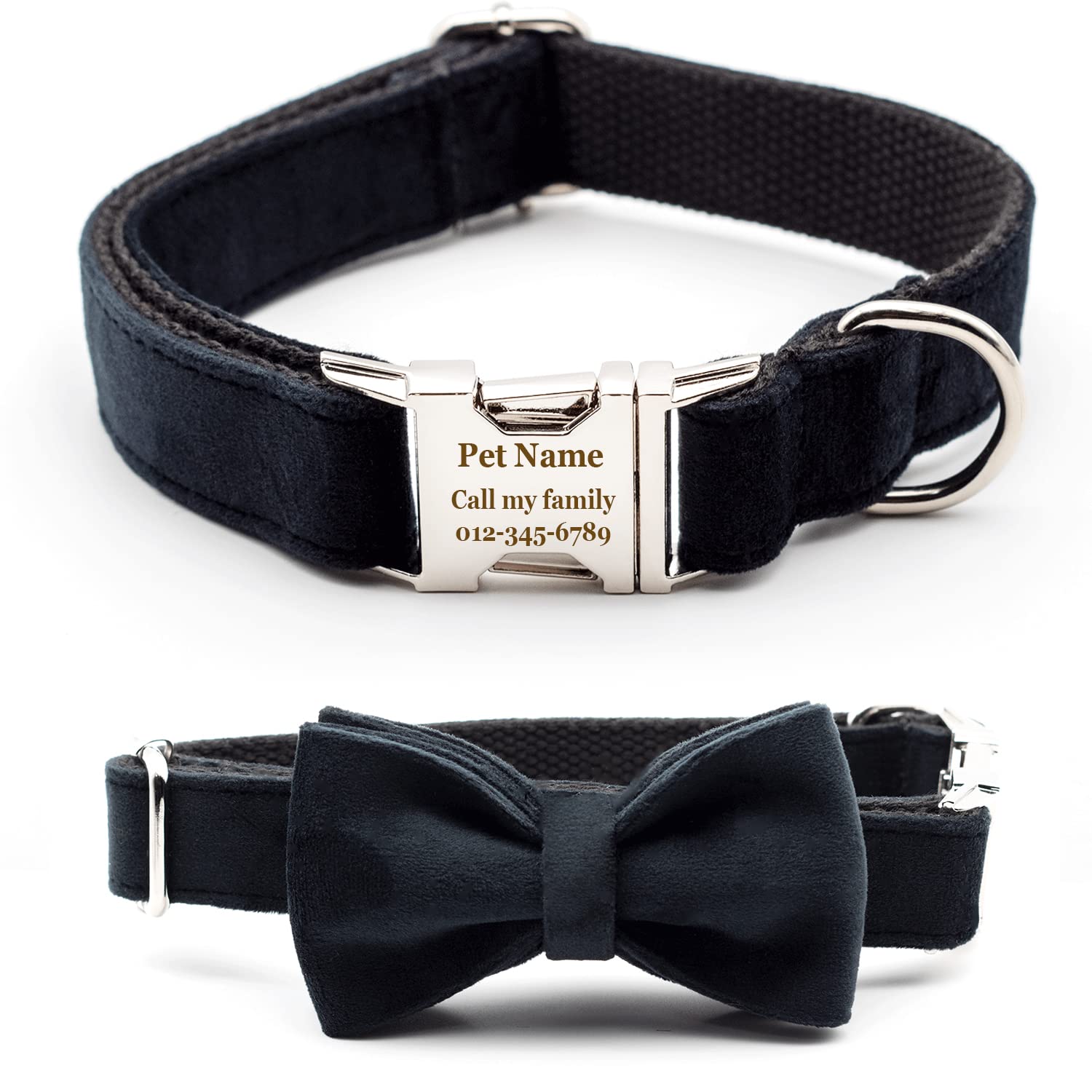 Personalized Dog Collar with Bowtie, Engraved Collar with Customized Text for Large Medium Small Dogs Think Velvet Style (Thick Black Velvet)