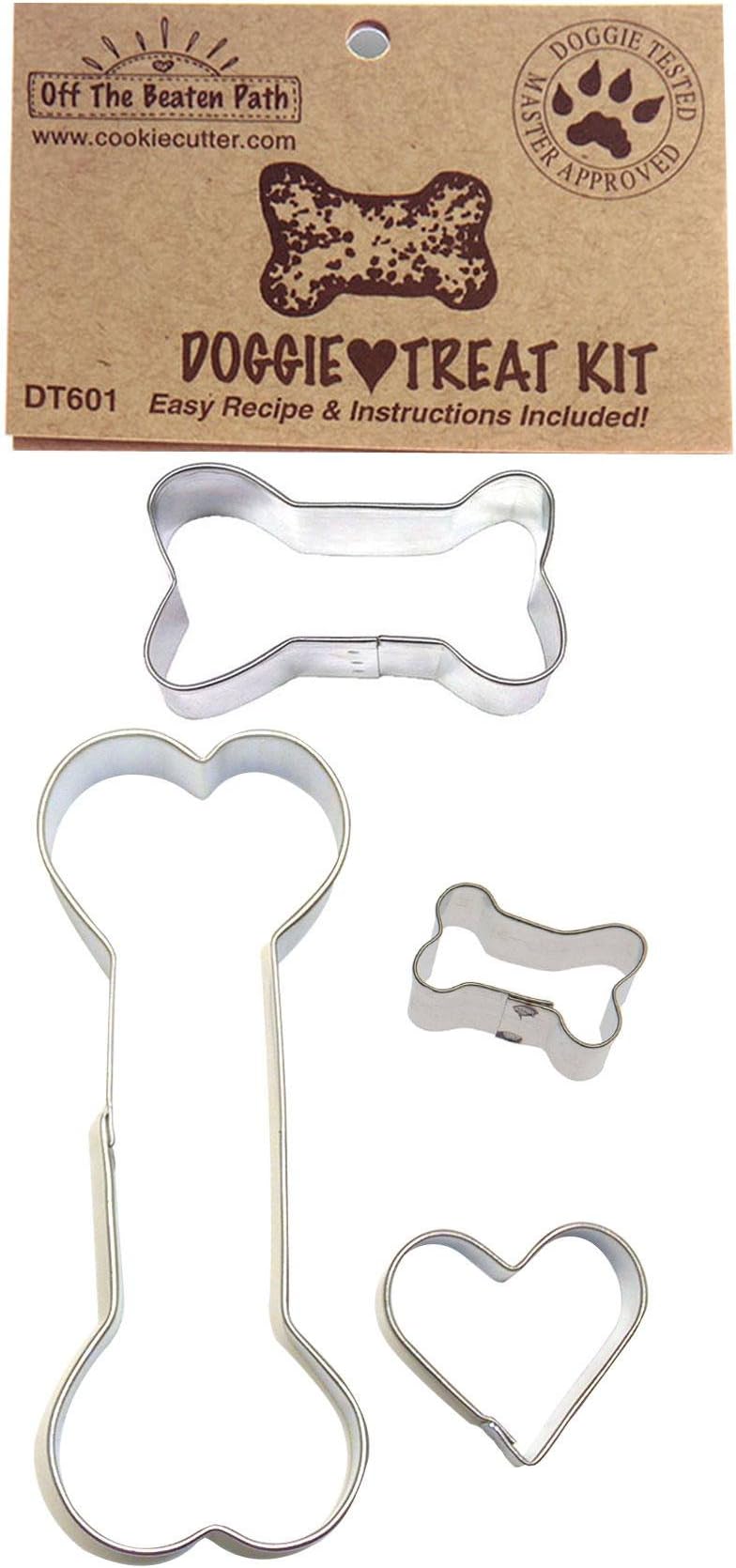 Doggie Treat Cookie Cutter 4 Pc Set โ Dog Bones and Heart Cookie Cutters with Recipe, Made in USA