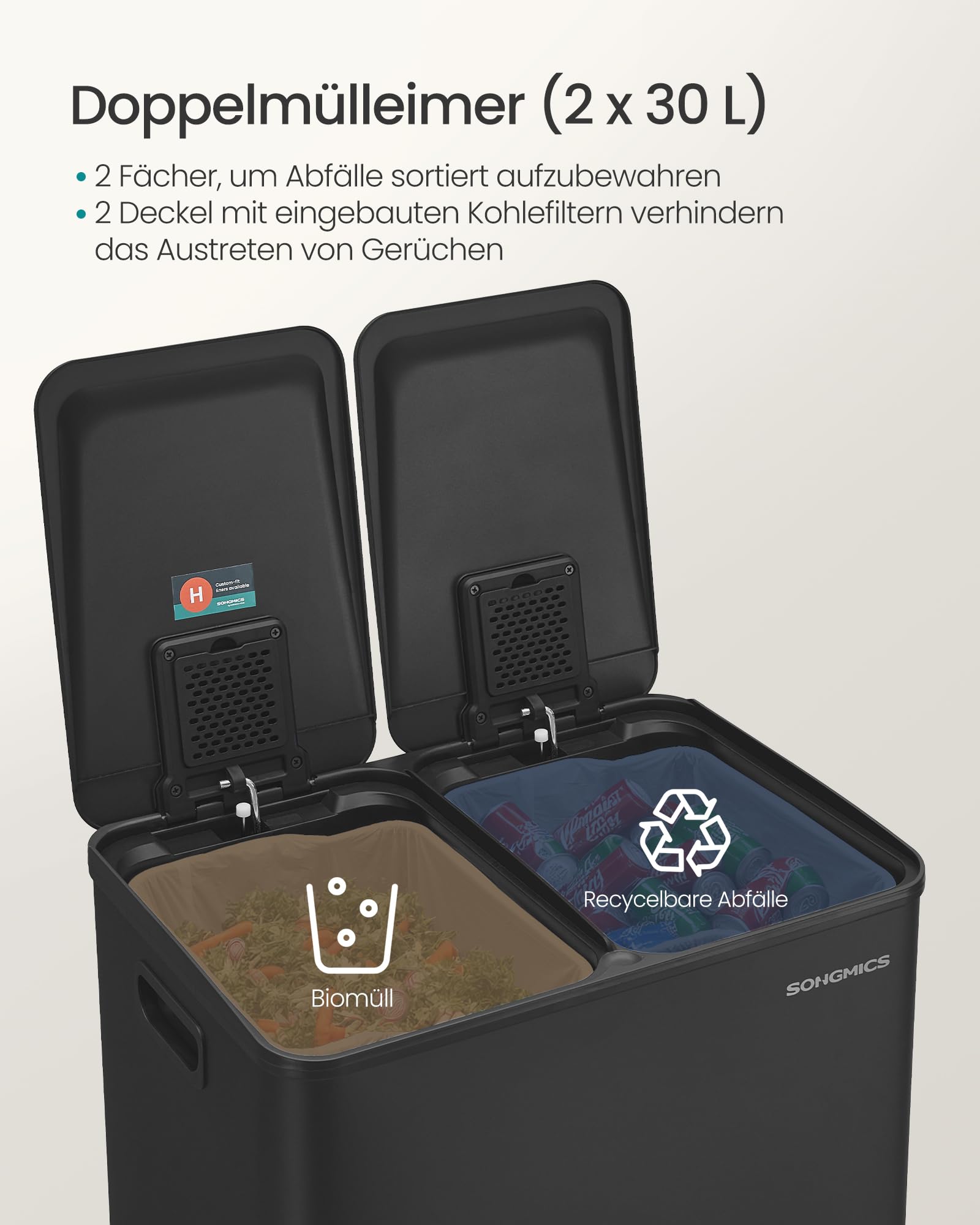SONGMICS Mülleimer Küche 2 x 30 Liter 2 Fächer Tretmülleimer mit Softclose-Deckel Stahl tintenschwarz LTB741B02
