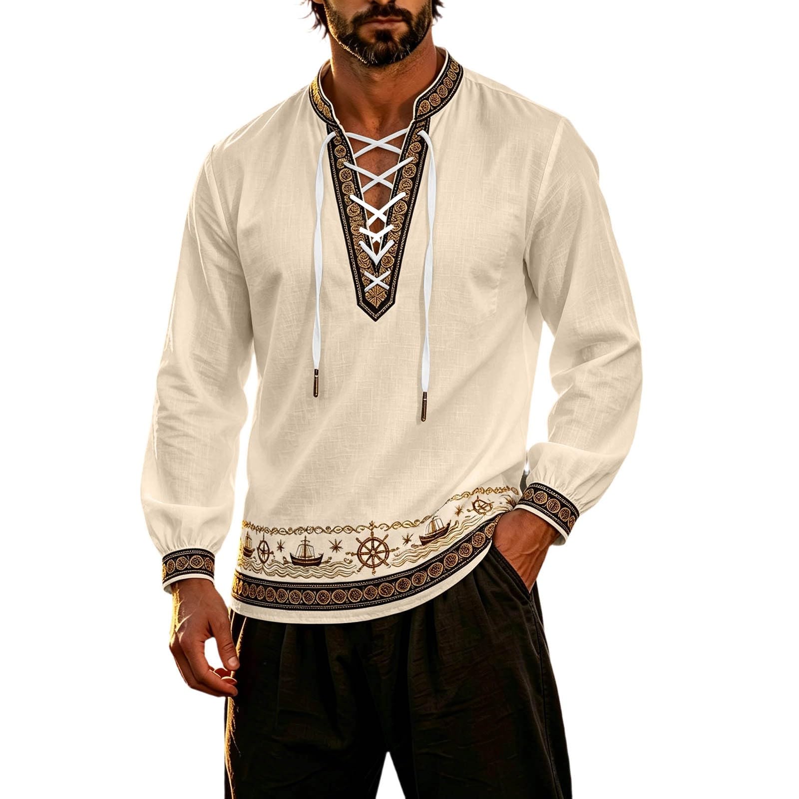 Classic Themed Men's Long Sleeve Shirt for Adventure Nautical Style Top with for Everyday Wear and Cosplay (i-Beige, XXXL)