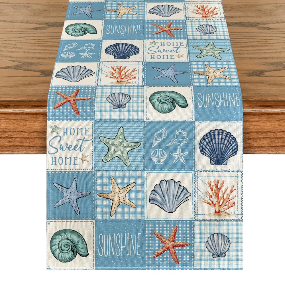Artoid Mode Buffalo Plaid Starfish Shells Corals Summer Table Runner, Seasonal Spring Kitchen Dining Table Decoration for Home Party Decor 40x140 cm