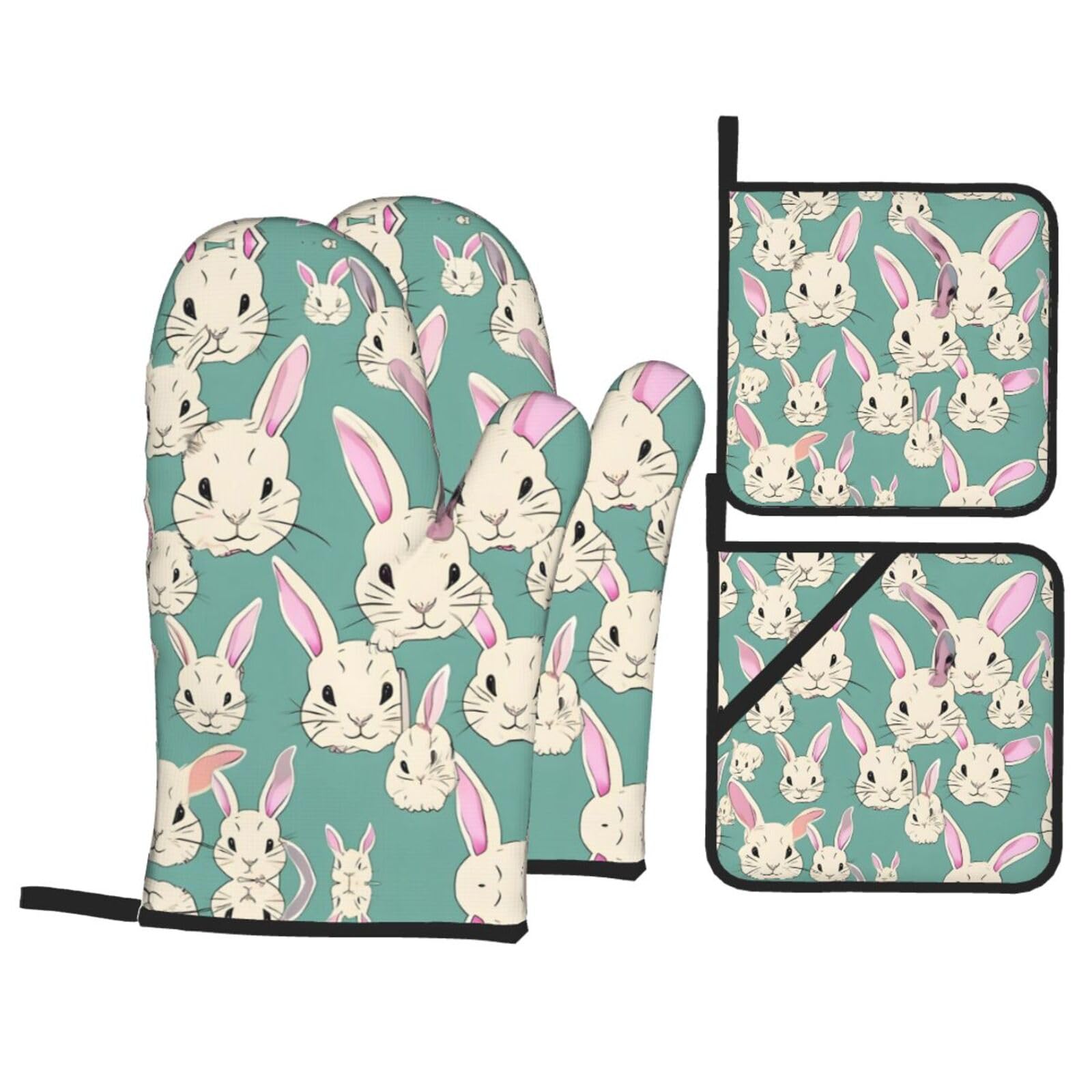 Bunny cute Print Stylish 4-Piece Microwaving Oven Waterproof Kitchen Gloves Baking Holiday Cooking