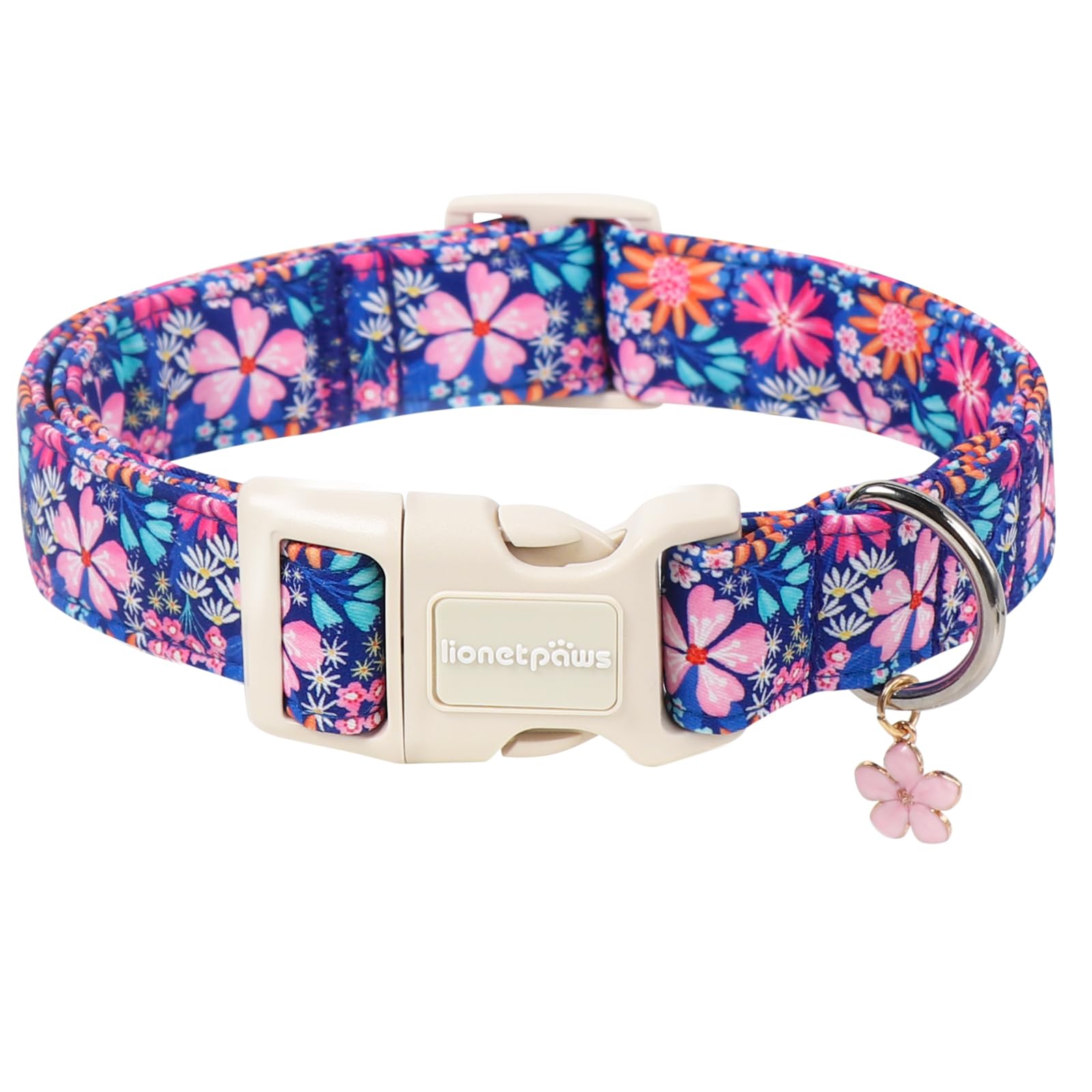Lionet Paws Floral Dog Collar Spring Summer Daisy Cosmos Bipinnatus Collars with Pink Cherry Blossom Pattern - Female Girl Dog Collar for Small Medium Large Dogs M — image 1