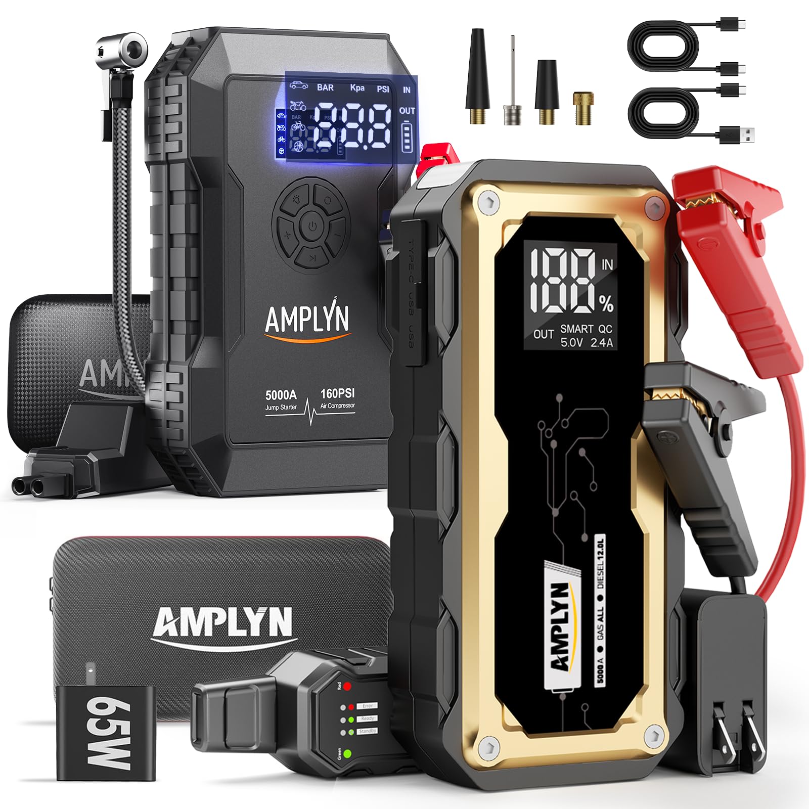 Car Battery Jump Starter with Air Compressor 160PSI 5000A 60W Portable Jump Starter Battery Pack All Gas 10L