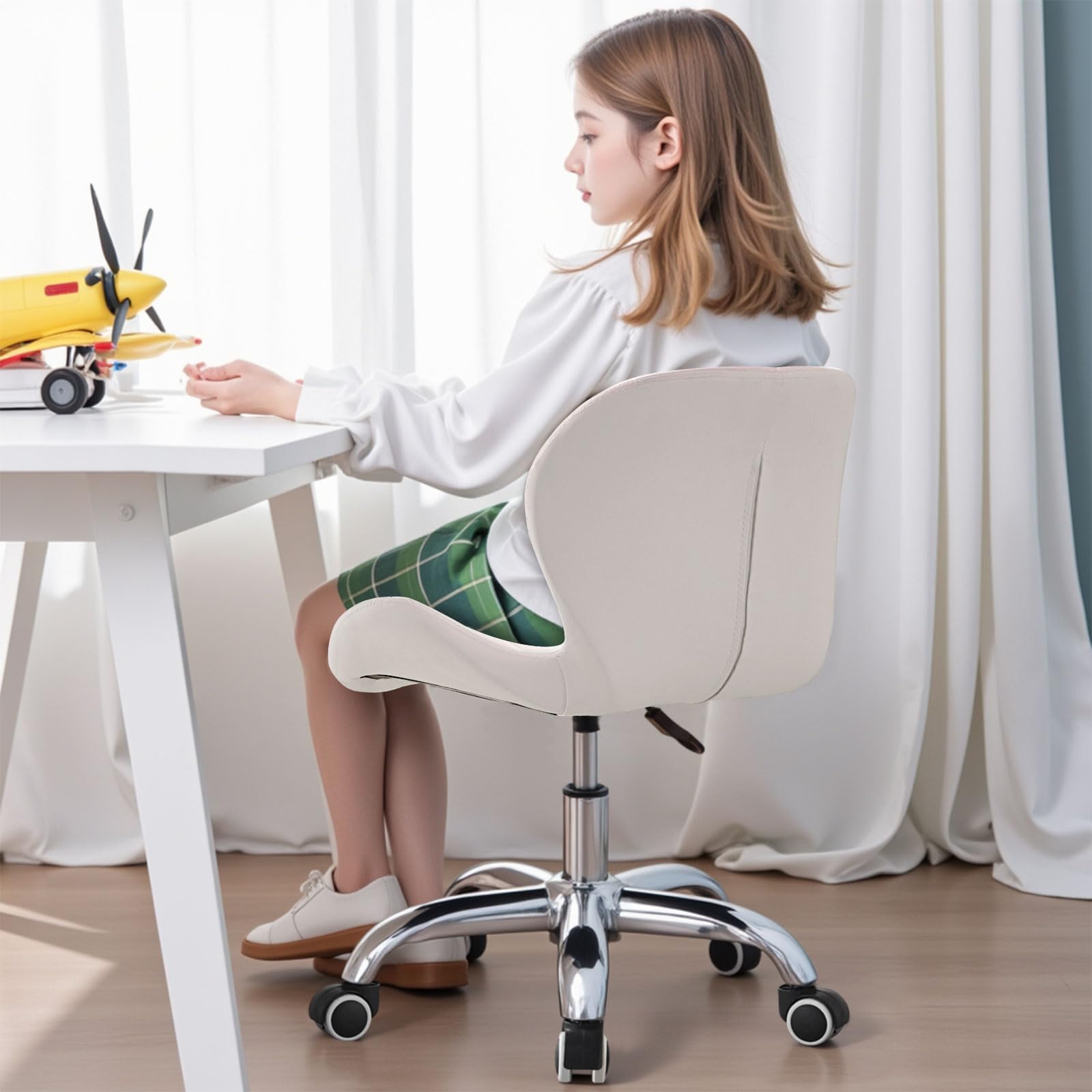 CLIPOP Bürostuhl ohne Armlehnen, Drehstuhl 360°, Schreibtischstuhl mit Rollen, höhenverstellbar, bis 120 Kg Belastbar, für Arbeitszimmer, Schlafzimmer, Homeoffice, Schminkbereich, Weiß