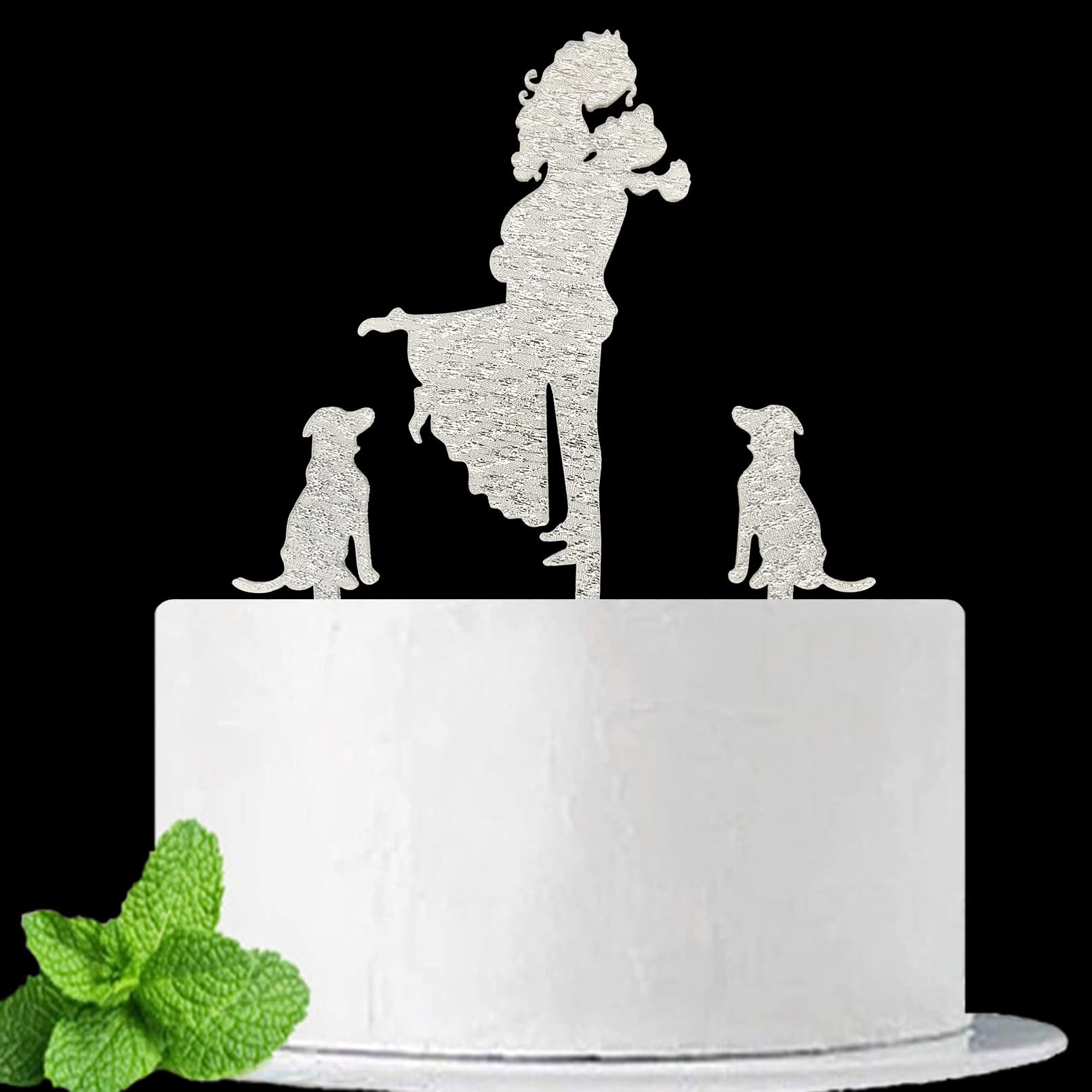 JIEEIN Wedding Cake Topper, Mr and Mrs Cake Topper, Groom Hold Bride with Flowers Besides Two Pet Dogs Silhouette Cake Decorations, Silver Glitter Acrylic
