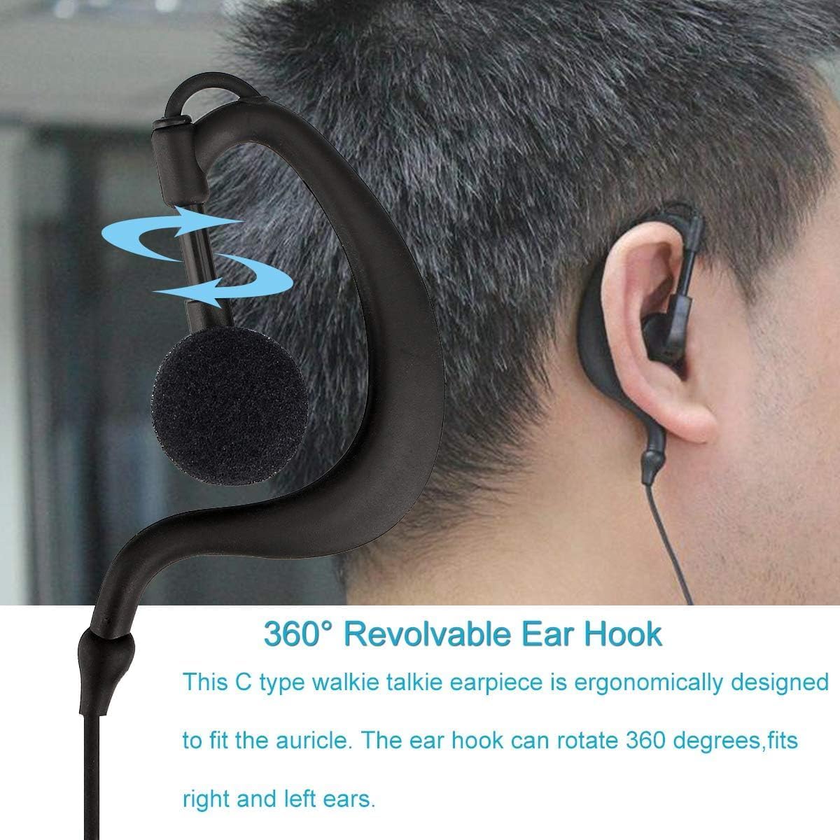 A person wearing the earphone, demonstrating the 360-degree revolvable ear hook for a secure and comfortable fit.