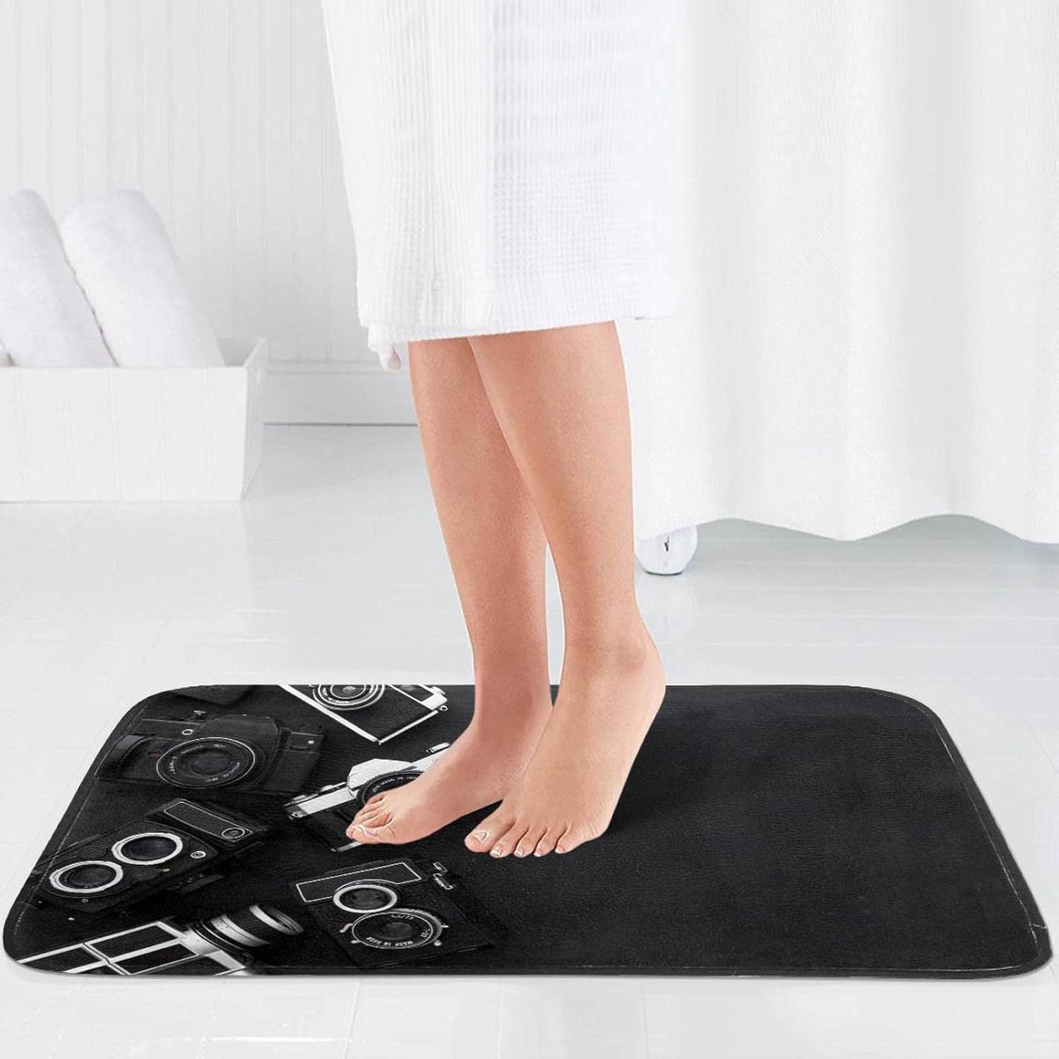 KXO Camera Print, Waterproof Shower Curtain and Mat Set Polyester Bathroom Curtain and Rug Set with Hooks 70.8"x70.8"