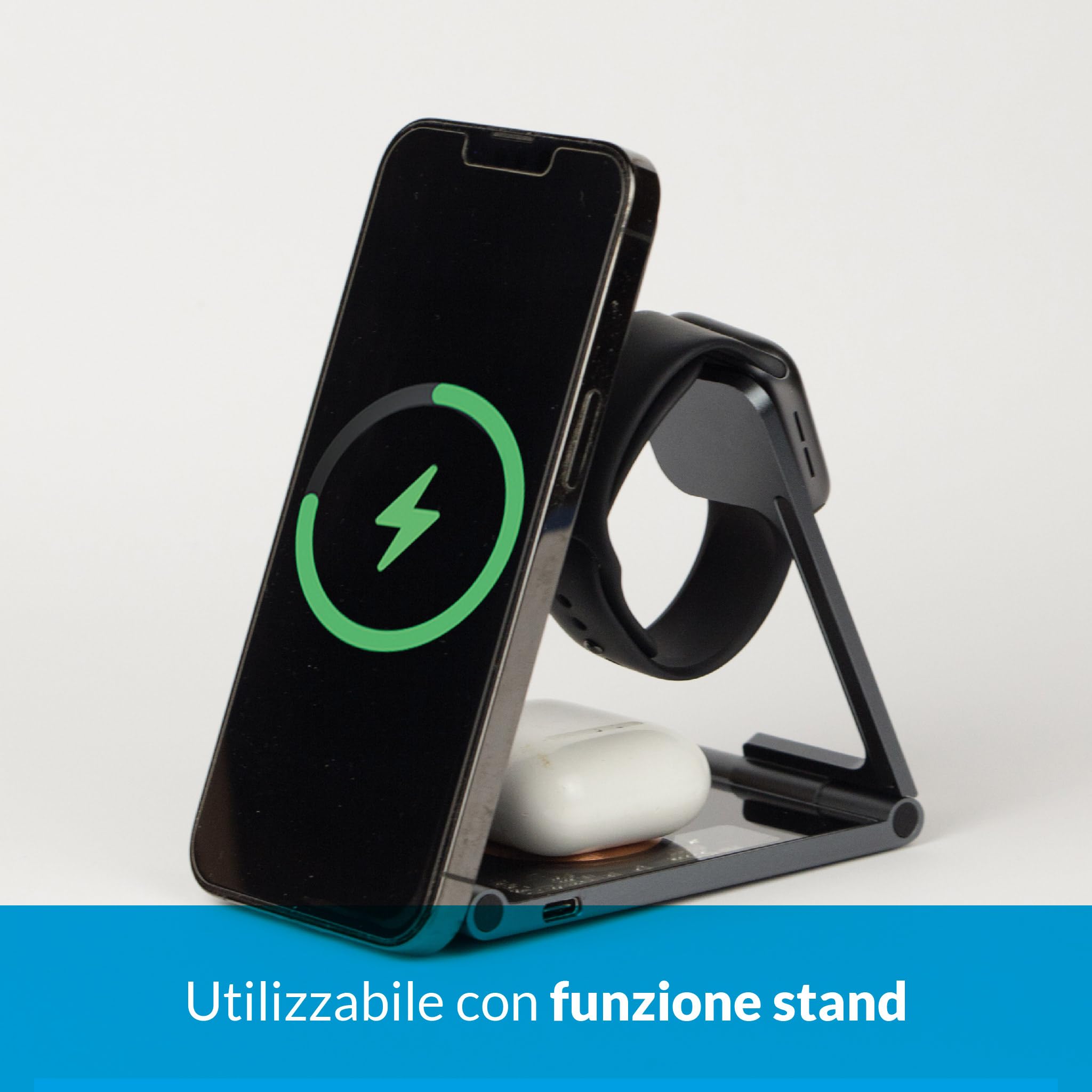 X StandBy Tappetino di ricarica 5 in 1 pieghevole, in Alluminio e Vetro temperato. Compatibile con QI, Watch IOS, Stazione di Ricarica Portatile, Fast Charge 15W.