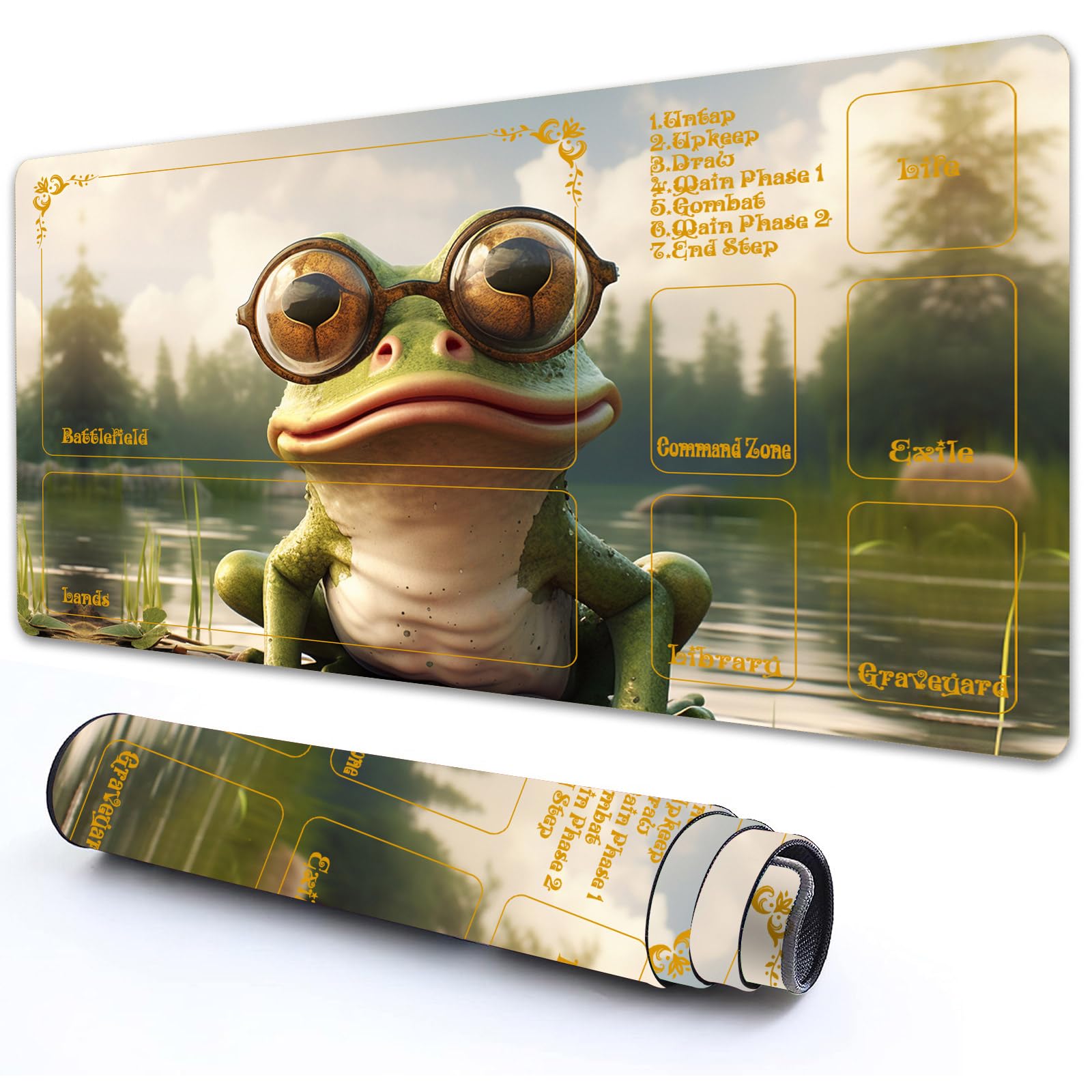 RMJKXQZG MTG Playmat With Zones 24" x 14" - High Elastic Rubber Base, Non-Slip Sole, HD Printing for Magic Card Mat, Mouse Pad - A Green Frog With Glasses