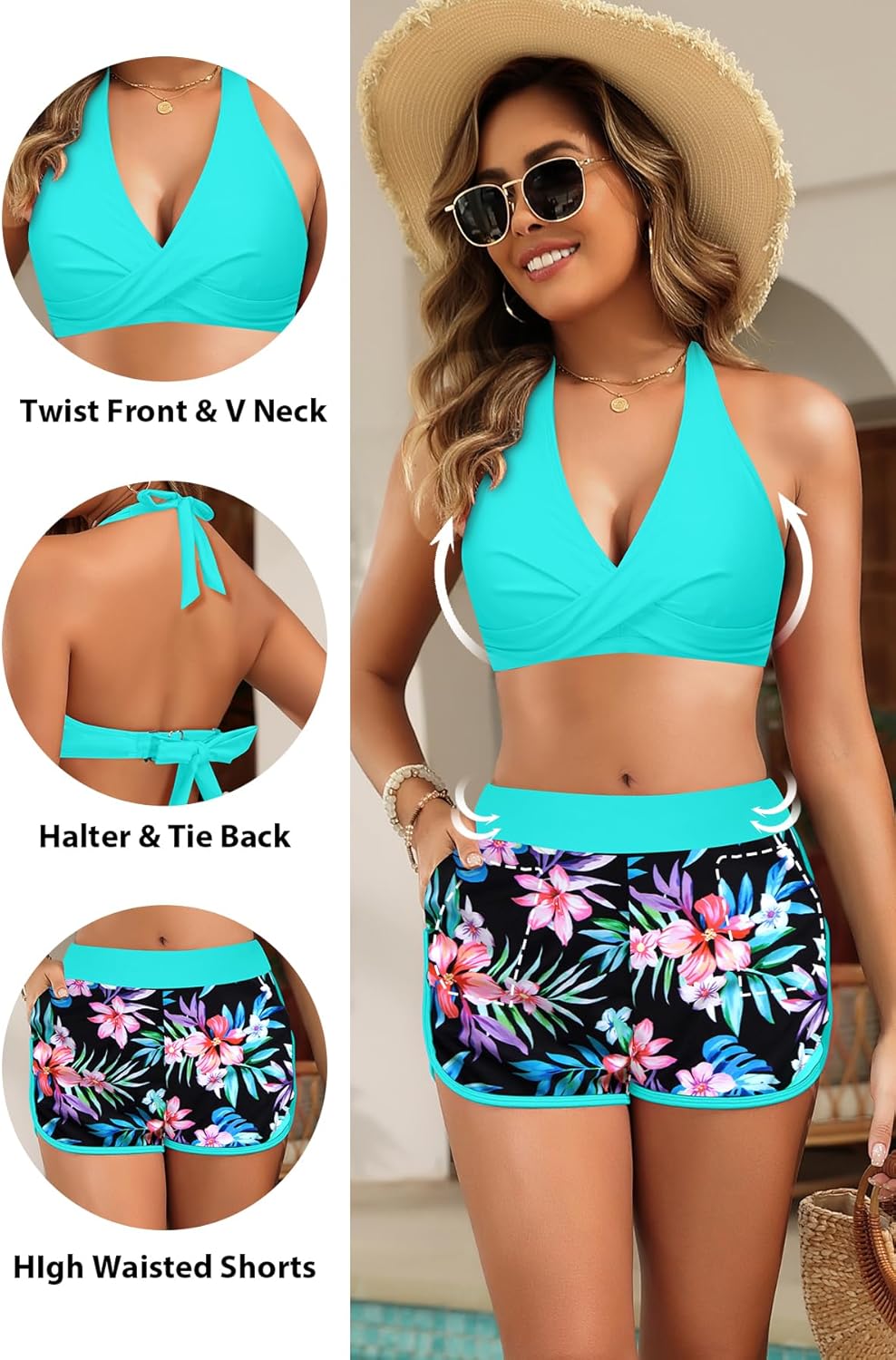 Bikini with Shorts for Women - Halter Two Piece Swimsuits High Waisted Bathing Suits with Pocket 2026 Boyshorts Swimwear - Image 4