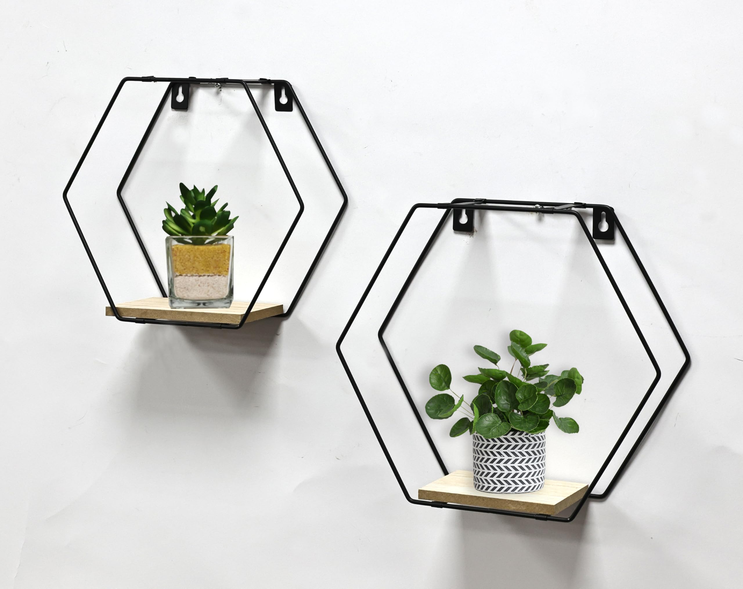 spot on dealzยฎ Set of 2 Metal Wired Hexagon Wall Floating Shelves Elegant Design Fully Assembled Display Unit (Black)