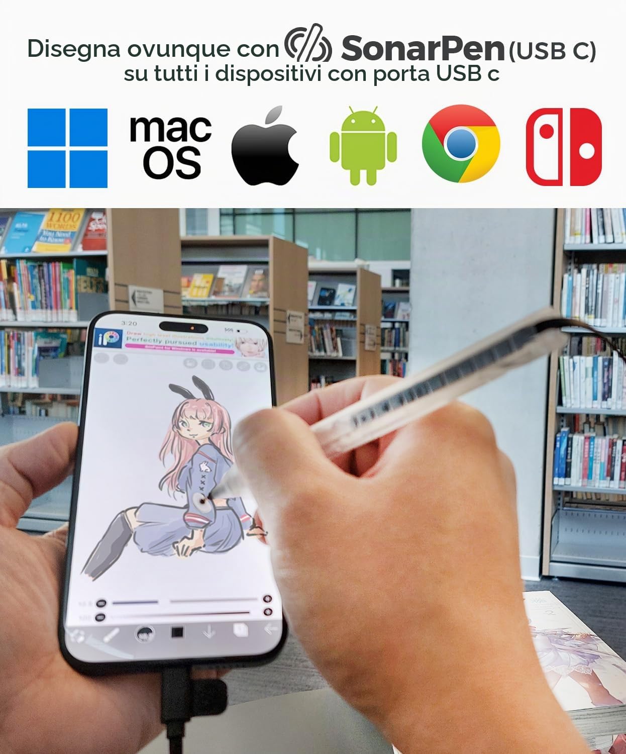 SonarPen (USB C): Penna stilo sensibile alla pressione senza batteria, compatibile con iPad/iPhone/Android/Mac/PC Windows e Switch. con pulsante di reiezione del palmo e pulsante di scelta rapida
