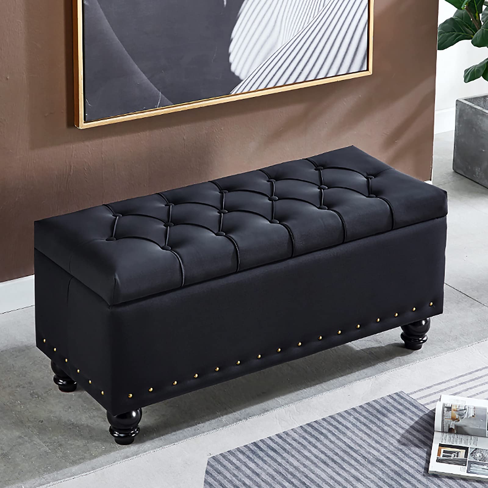 WJFTODAY Black Faux Leather Shoe Storage Bench Ottoman Padded End of Bed Storage Seat Decorative Foot Stool for Living Room & Bedroom Stylish Storage Solution 80x40x4