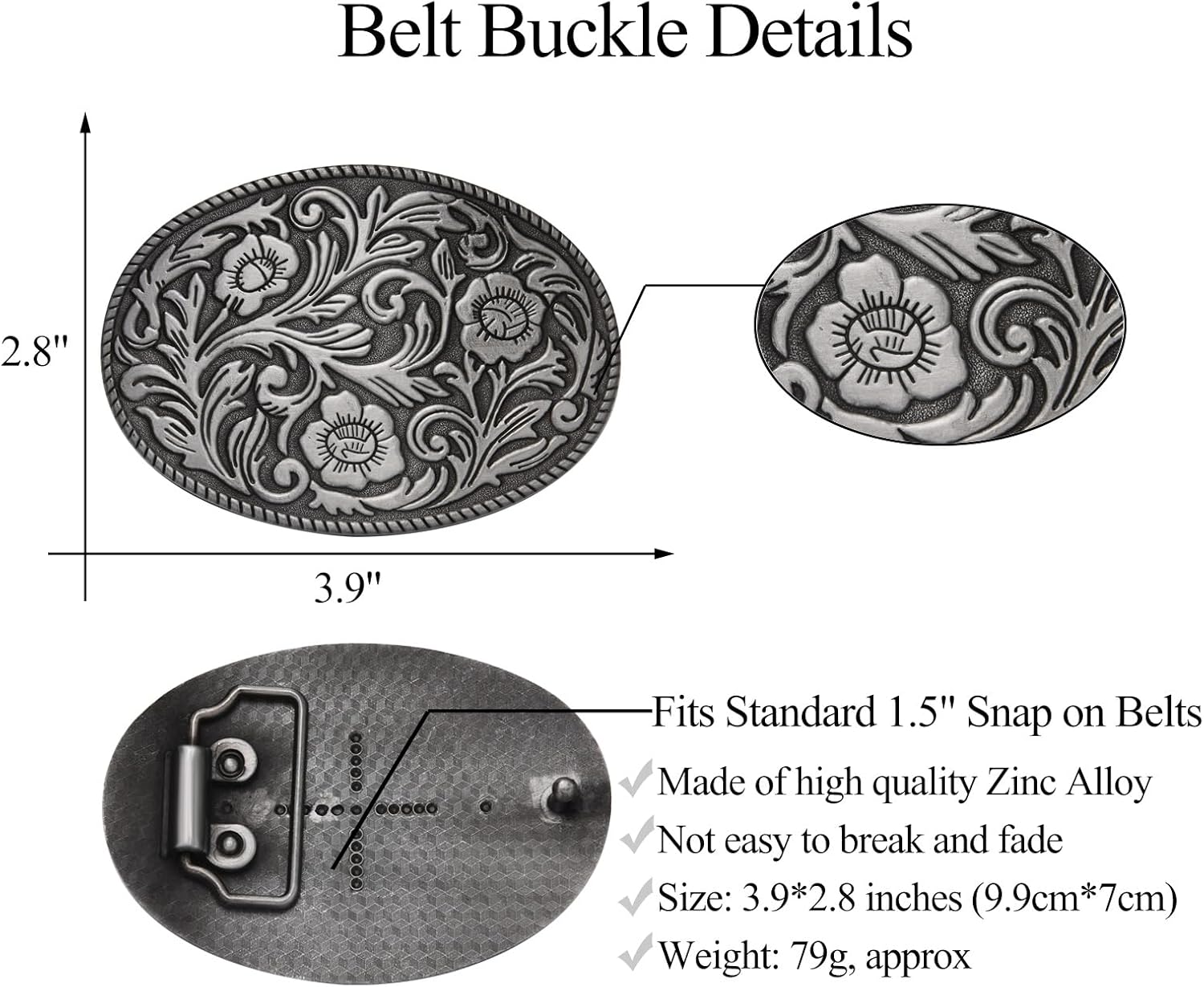 Antique Engraved Flower Belt Buckle, Western Cowboy Belt Buckle, Oval Foral Belt Buckles for Men Women - Image 2