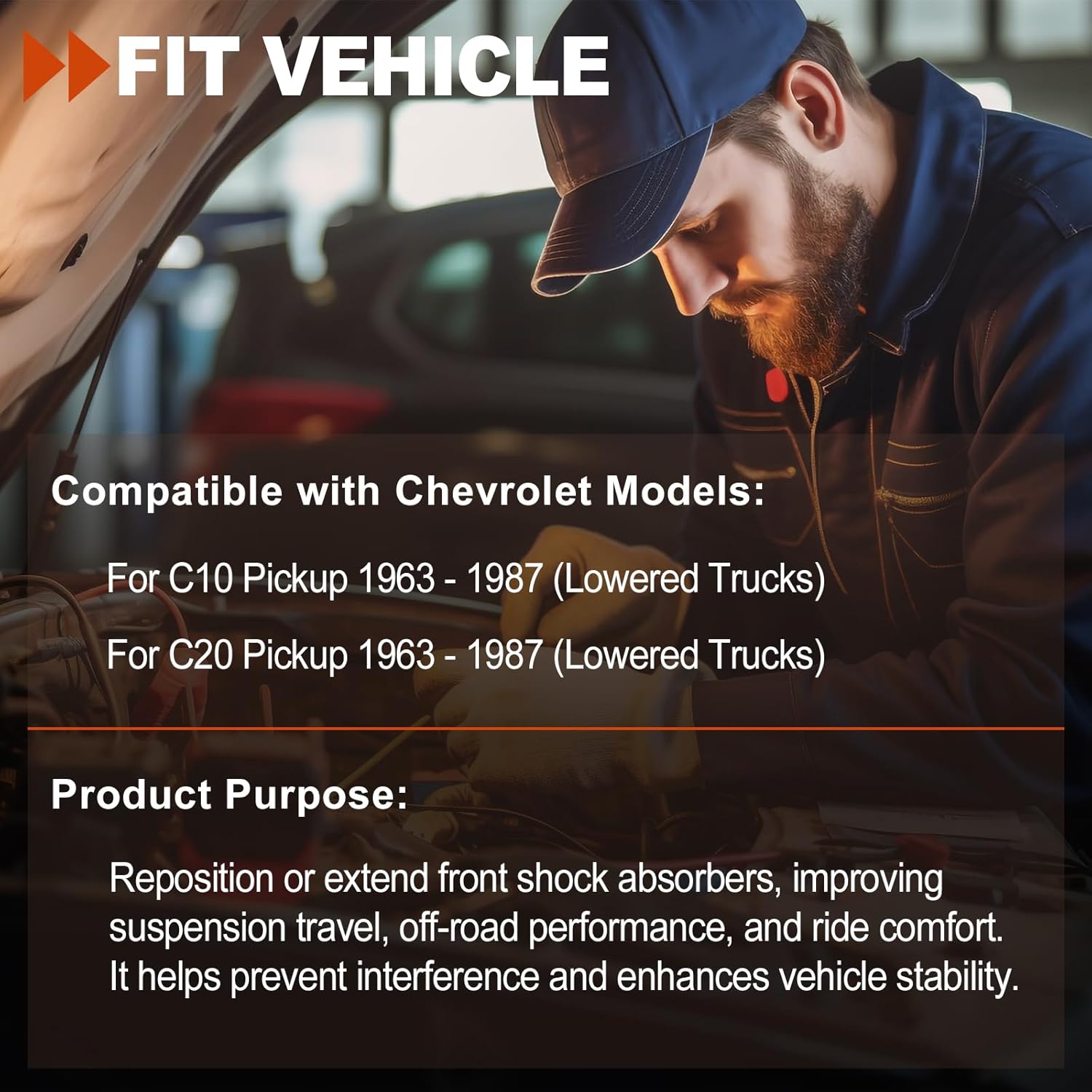 Front Shock Relocation/Extender Kit with Bolt and Nut Compatible with 1963-1987 Chevrolet C10 and C20 Pickups for Lowered Trucks