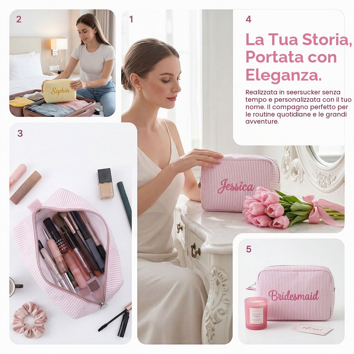 Nome personalizzato ricamato Seersucker Makeup Bag, sacchetto cosmetico a righe personalizzato, borsa da toilette leggera di viaggio di grande capacità, damigella d'onore & regalo di nozze