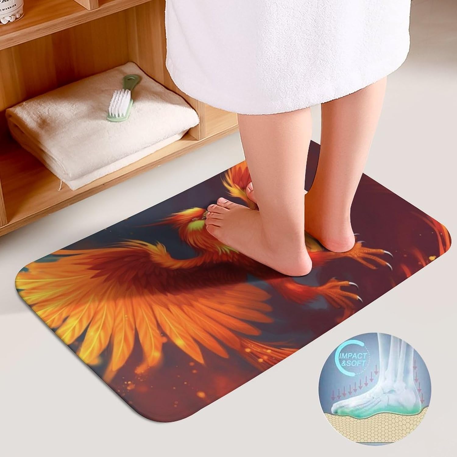 Anti-Skid Floor Mats 3 Piece Set,Orange Red Phoenix Printed Coral Fleece Bathroom Mats U-Shaped Contour Mat Toilet Seat Cover for Bathroom, Tub, Shower, Kitchen 19.7"x31.5"