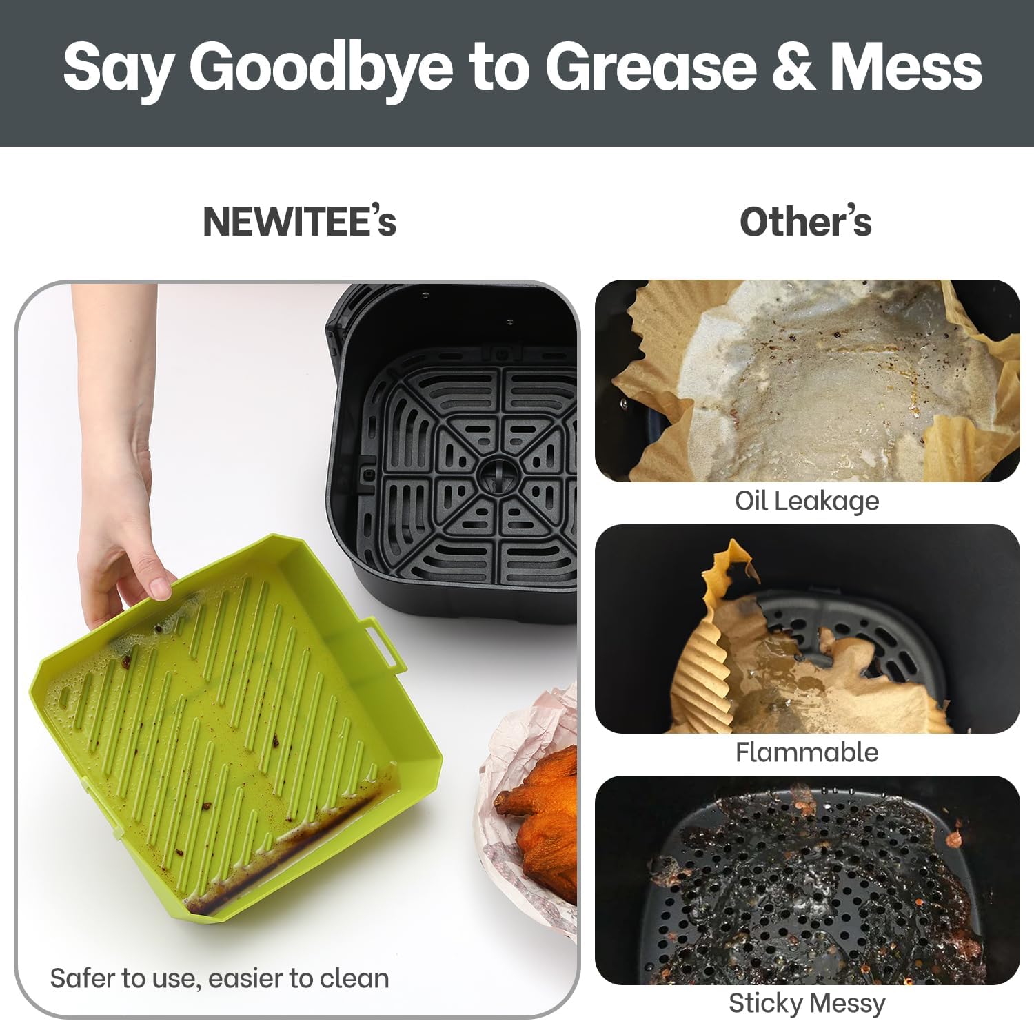 5QT Air Fryer Silicone Liners for Ninja AF141/AF142 & COSORI CAF-L501, Square Reusable Air Fryer Liners with Handle, 2 Pack BPA Free Platinum Silicone Basket, Upgrade - Image 3