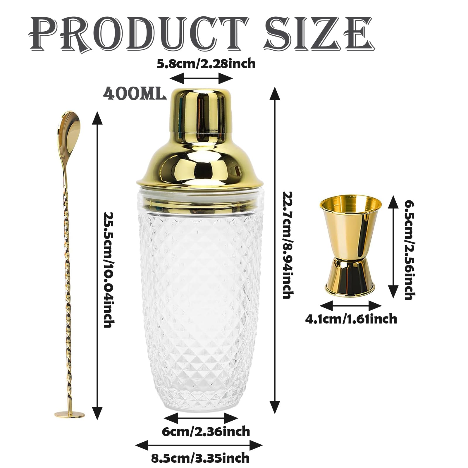 Set Di Shaker per Cocktail In Vetro 400ml, Shaker Da Cocktail In Vetro Trasparente, 400 Ml Shaker In Cristallo, Con Misurino e Cucchiaio, per Bar Domestici, Bevande a Base Di Succhi Di Frutta, Oro