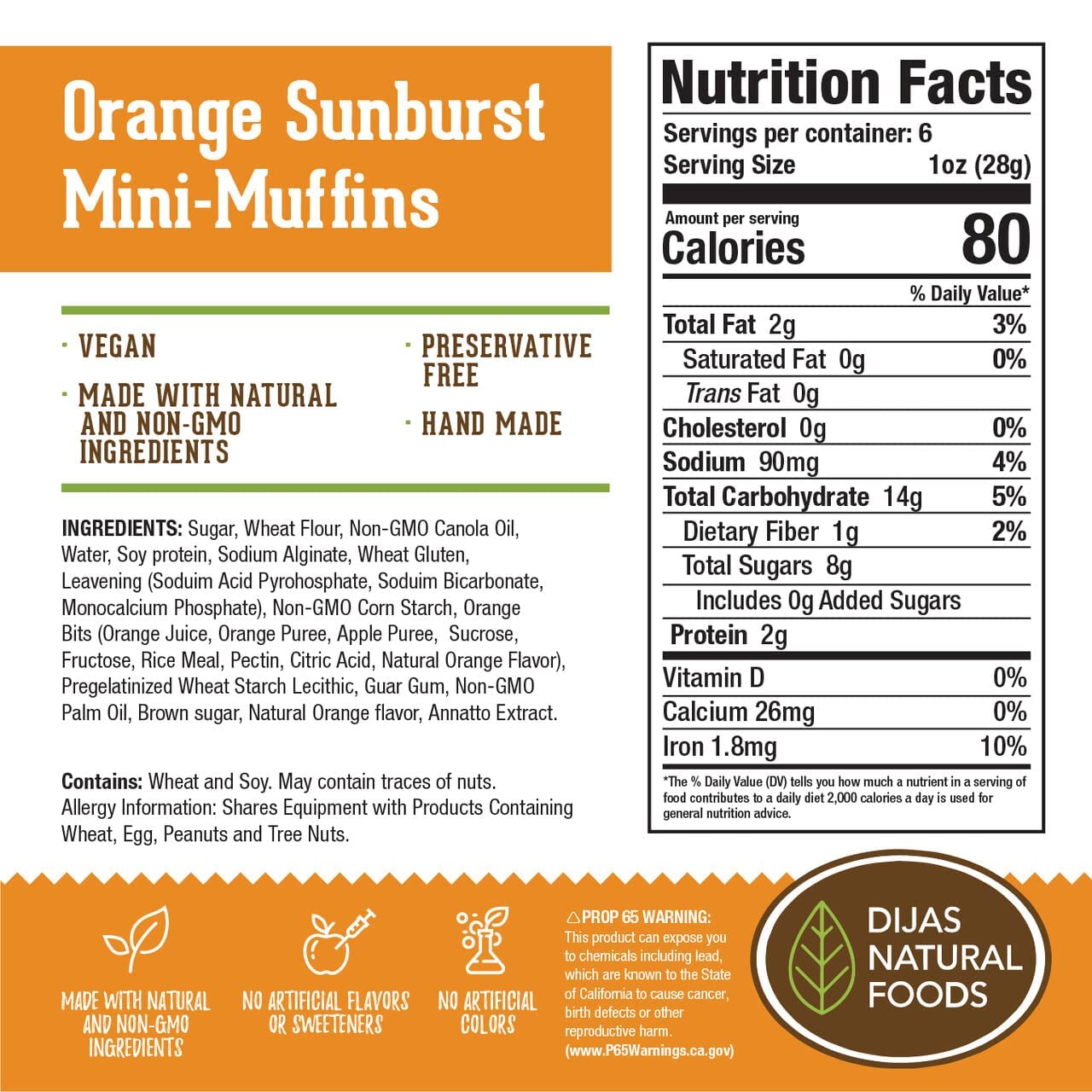 DIJAS Natural Foods Plant-Based 36-Vegan Mini Muffins ONLY $0.97-oz! Natural and Preservative Free Ingredients, Delicious Snack and Breakfast (36 Muffins) (Orange Sunburst)
