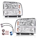 G-PLUS Headlights Assembly, Compatible with Ford F250 F350 F450 F550 Super Duty 1999-2004/Fit 2000-2004 Ford Excursion Bumper Headlamp, Clear lens Chrome Housing Amber Reflector
