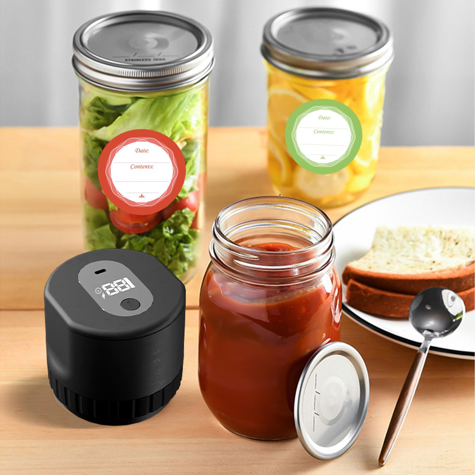 Glas-Vakuumierer-Set, Food Saver Vakuum-Dosenversiegeler, tragbare Mason-Vakuumierer mit 15 Flaschenverschlüssen und 60 Etikettenaufklebern für die Gärung von Lebensmitteln
