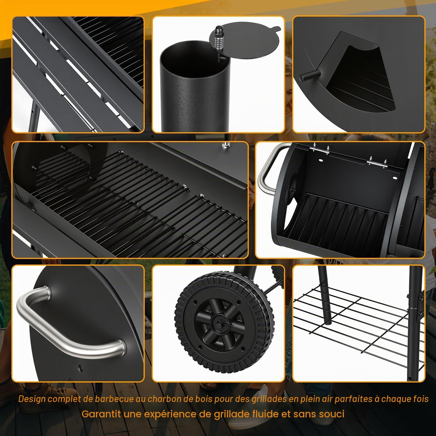 Barbecue à charbon de bois avec 2 chambres, chariot de barbecue avec thermomètre, barbecue fumoir pour griller indirectement et fumer, barbecue de jardin mobile avec étagères, noir