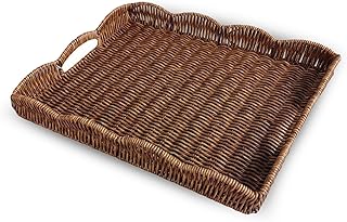 Serving Tray with Scalloped Edge, Rectangular Wicker Tray with Handles, Ideal for Breakfast or Meals in Bed and on Sofa, Decorative Coffee Table Tray to Enhance Dining (Coffee Brown)
