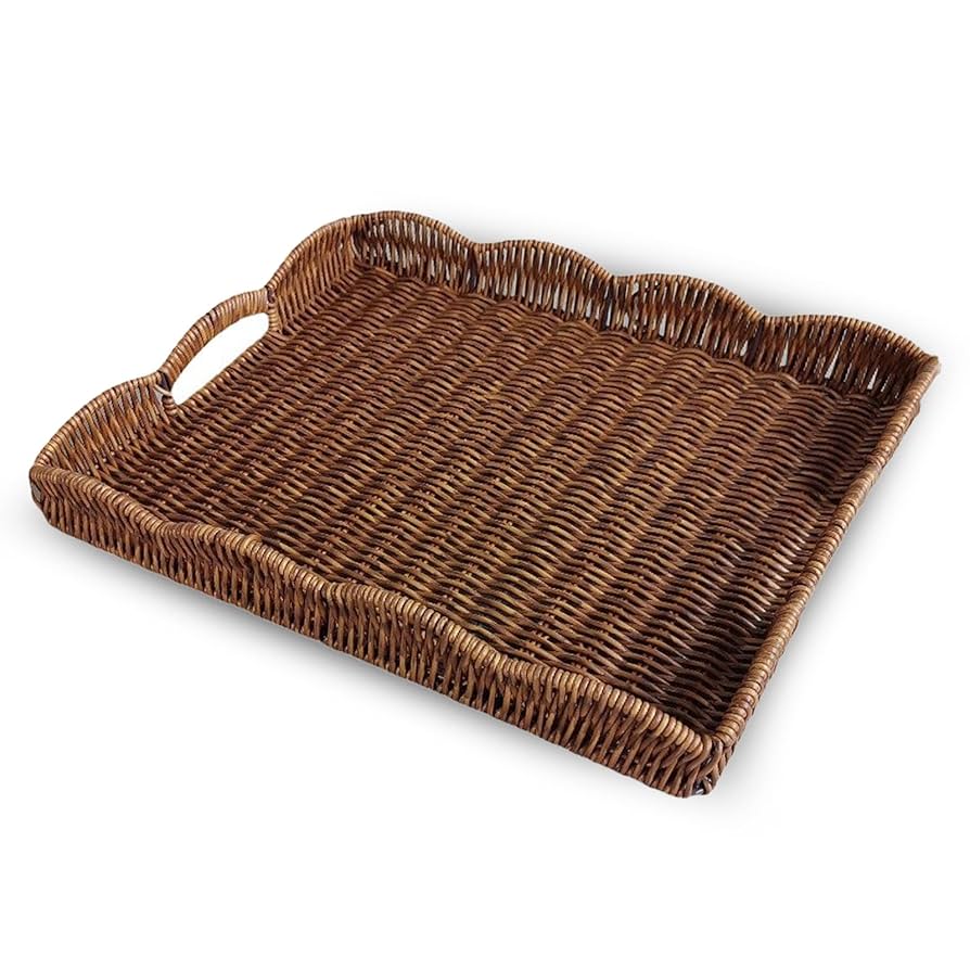 Serving Tray with Scalloped Edge, Rectangular Wicker Tray with Handles, Ideal for Breakfast or Meals in Bed and on Sofa, Decorative Coffee Table Tray to Enhance Dining (Coffee Brown)