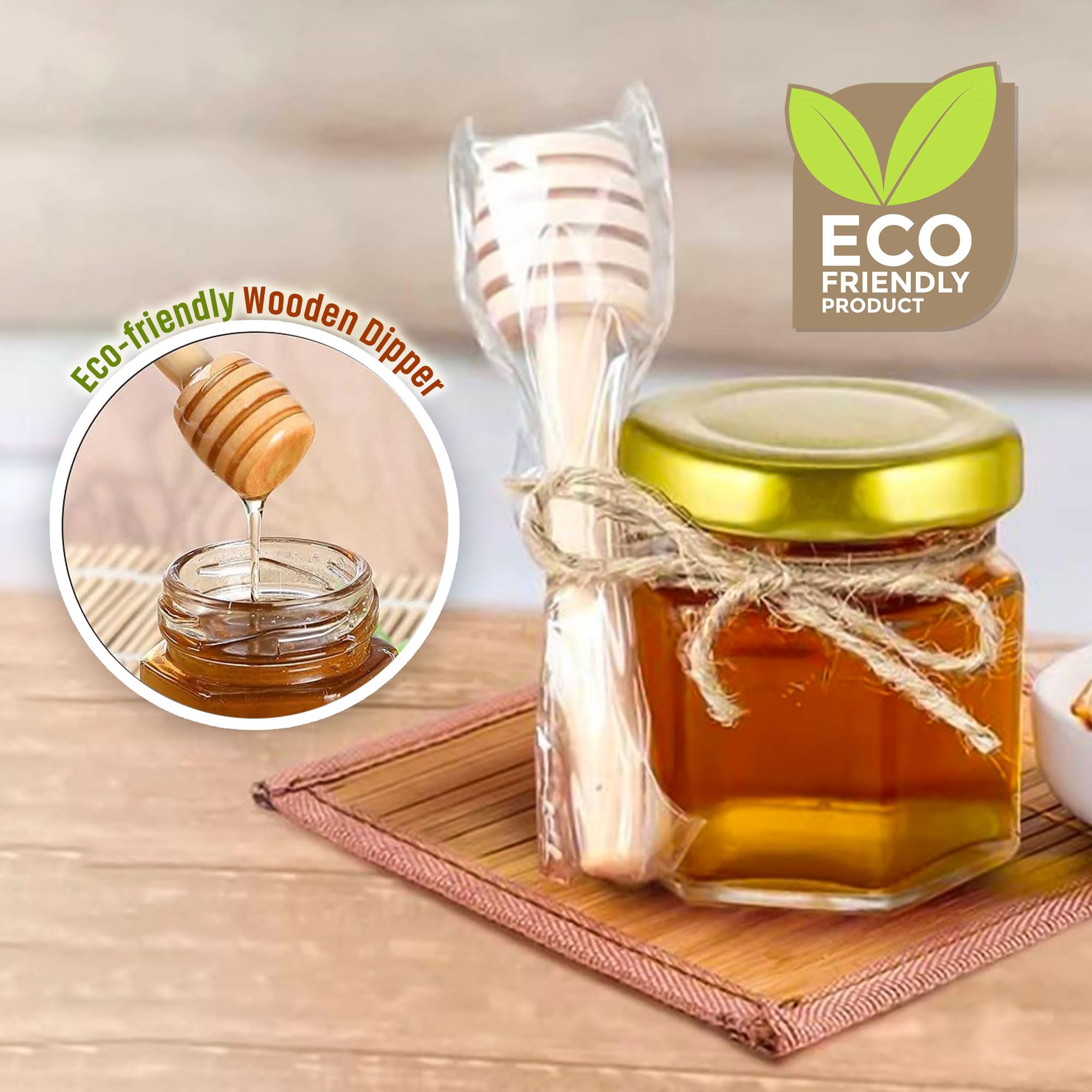 Lot de 50 mini pots à miel en verre avec couvercle, louches en bois, couvercles dorés, pendentifs abeille, jute,sacs cadeaux dorés/pots à miel cadeau invites mariage/kit apiculture