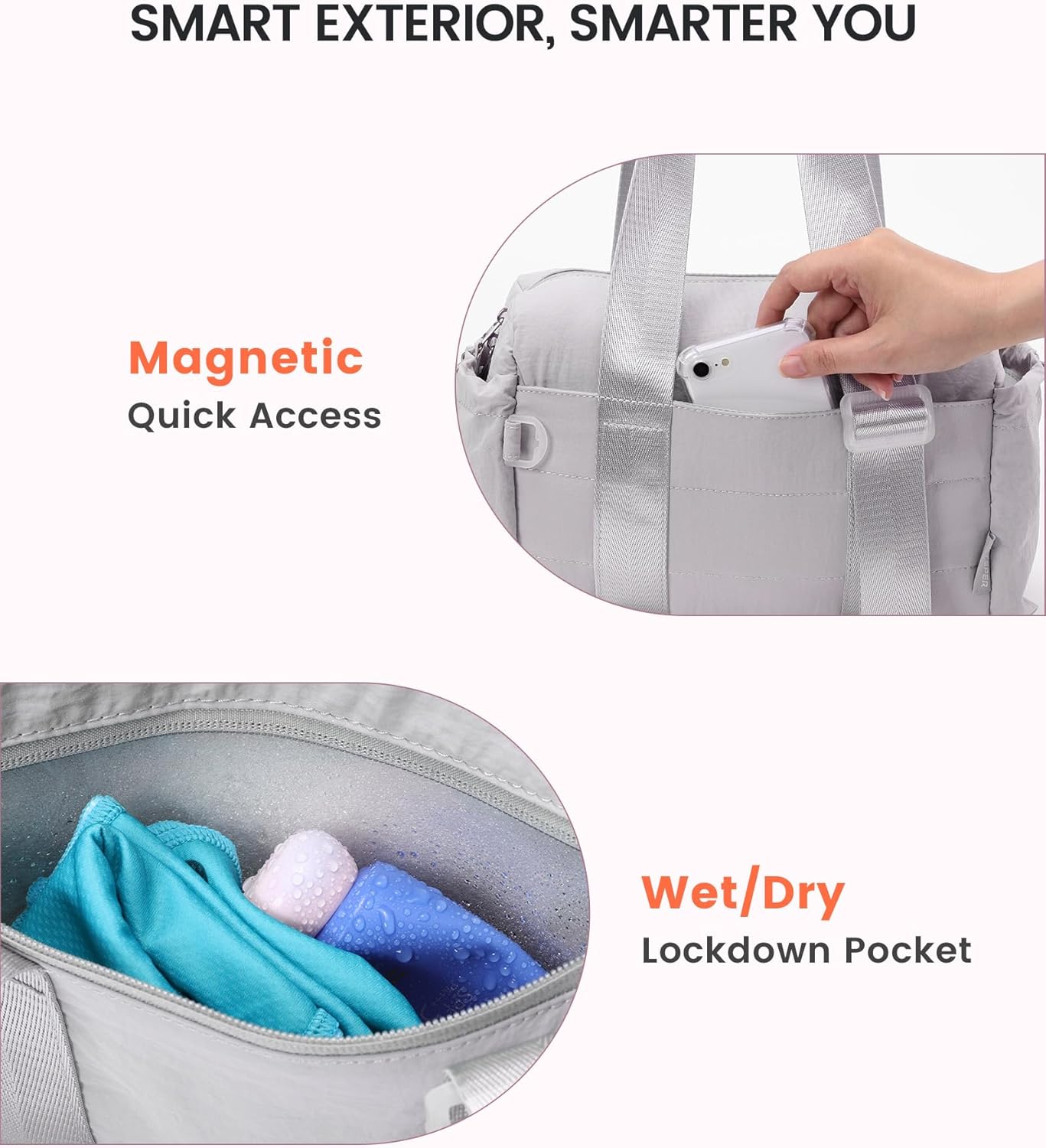 SKYSPER Mini Gym Bag for Women, Small Duffle Bag with Wet Compartment - Super Lightweight, Tiny & Compact Workout Bag for Sports, Travel, Includes Coin Purse（Lightgray）
