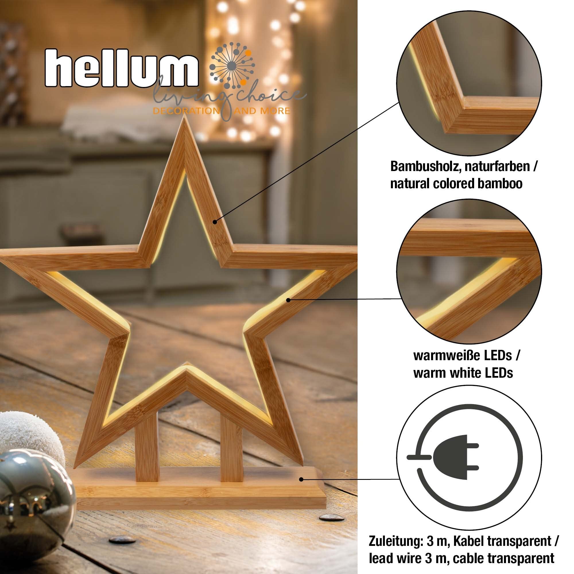 hellum LED Weihnachtsstern mt Lichtschlauch, warmweiß, 35cm, Weihnachtsdeko Innen, Kabel transparent, Bambus holzfarben, Zuleitung 3m, Weihnachtsbeleuchtung Innen 579246