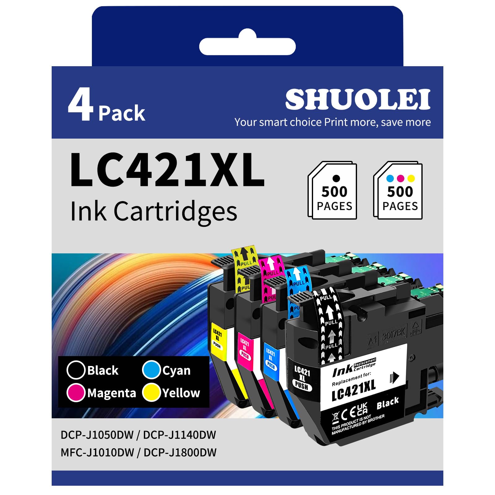 SHUOLEI LC421XL Druckerpatronen Kompatibel mit Brother LC-421XL LC-421 Patronen Multipack Hohe Kapazität, für DCP-J1050DW DCP-J1140DW MFC-J1010DW DCP-J1800DW(4 Pack, Schwarz/Cyan/Magenta/Gelb)