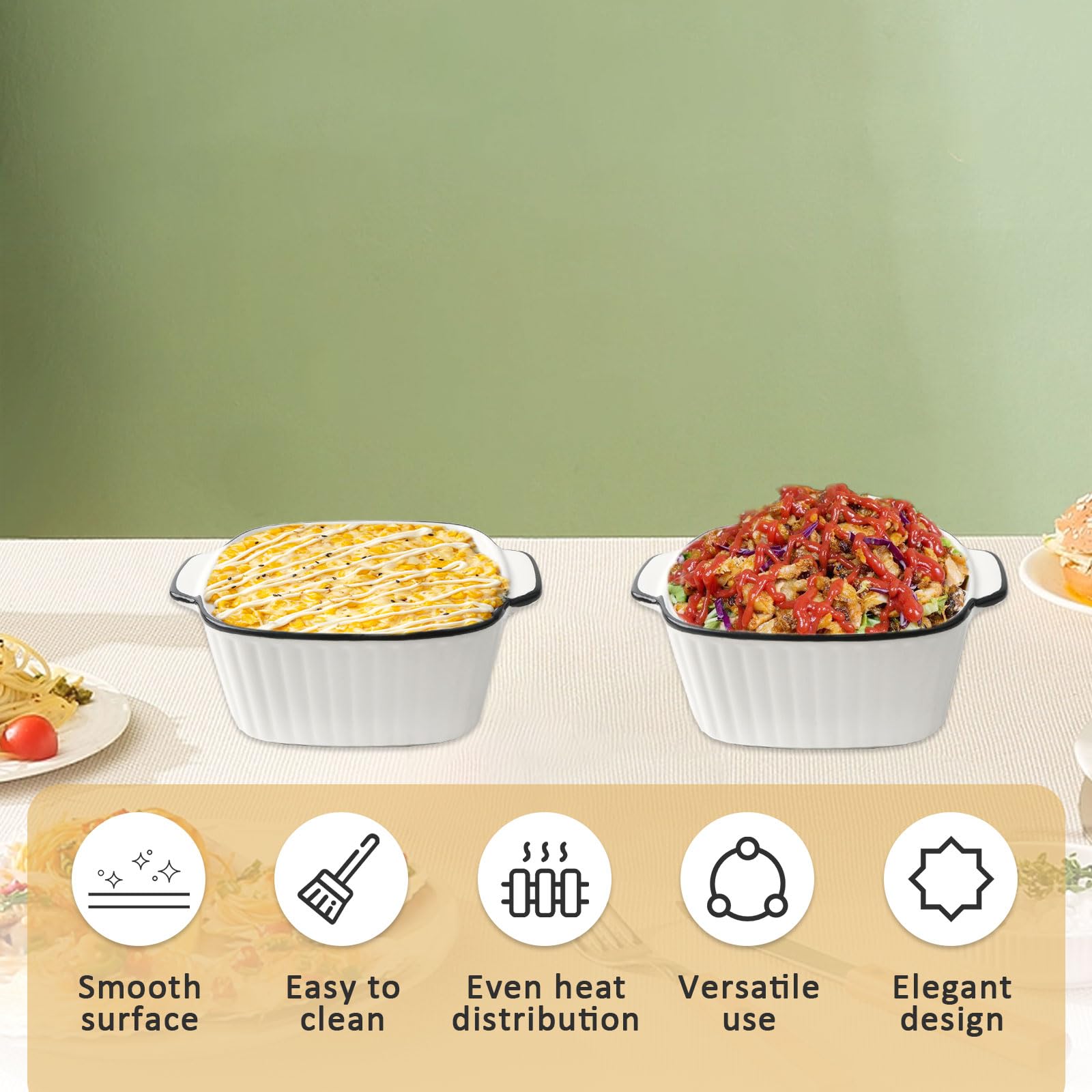 4er Auflaufform mit Griffen 400ML Auflaufformen Kleine Keramikm Backform Weiß Grillpfanne Ofenform Schälchen Förmchen für Backofen Lasagne, Gratin, Pasta, Desserts