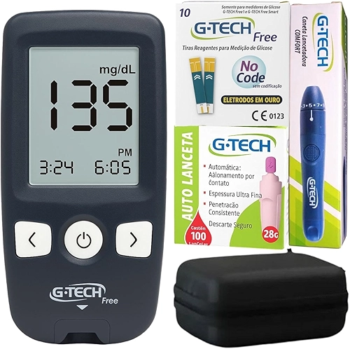 Medidor de Glicose Digital, Kit Completo com Auto Lanceta, Display LCD, Memória 500 Medições, Teste em 5 Segundos, Estojo e Caneta, Conexão com Computador
