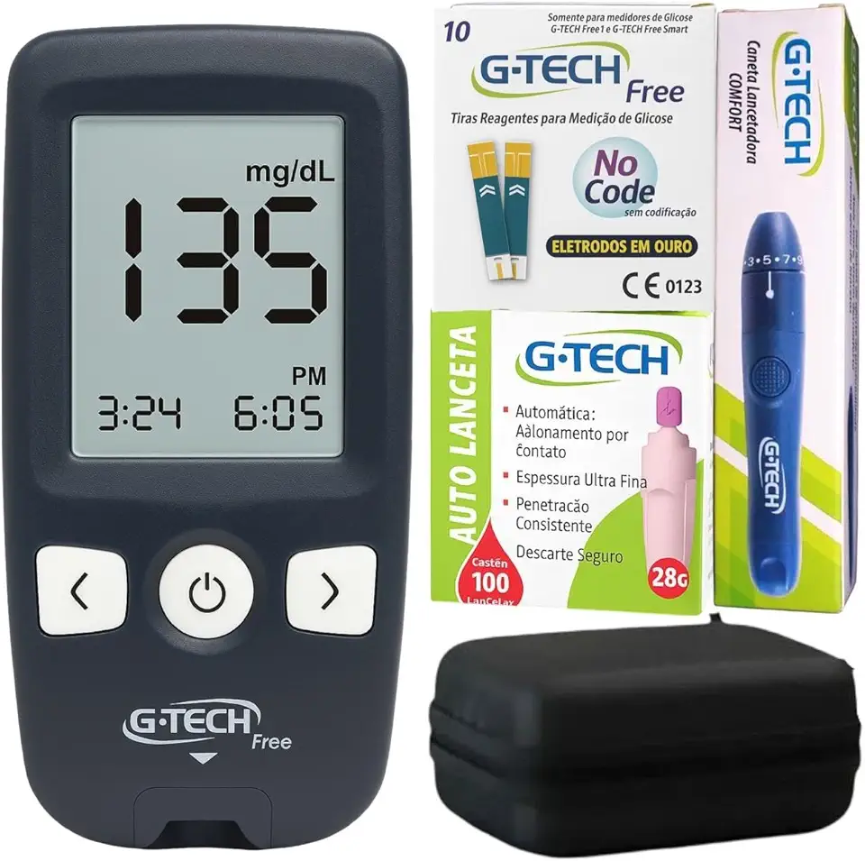 Medidor de Glicose Digital, Kit Completo com Auto Lanceta, Display LCD, Memória 500 Medições, Teste em 5 Segundos, Estojo e Caneta, Conexão com Computador