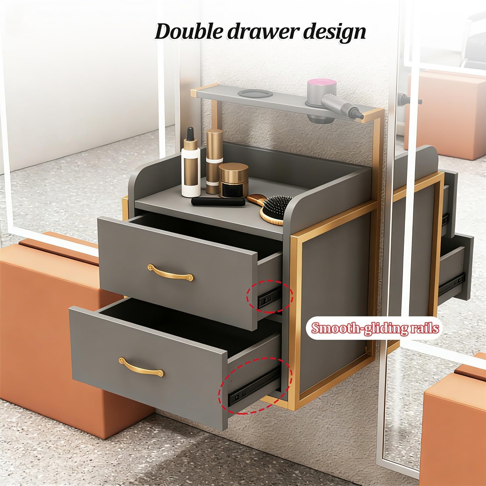 Poste de Coiffure Suspendu pour Coiffeur, Meuble de Rangement Mural pour Salon de Coiffure, Station de beauté avec 2 tiroirs et 2 Supports pour sèche-Cheveux, Coiffeuse Moderne(A)