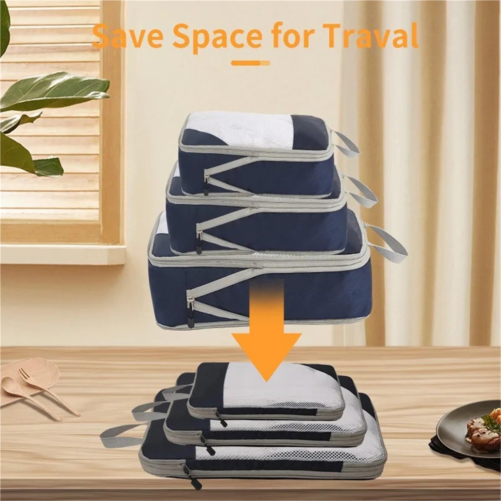 3 cubi da viaggio comprimibili, pieghevoli, impermeabili, for valigie, in nylon, portatili, con organizer for borse e bagagli. Per Risparmiare Spazio Nella Valigia(Orange)