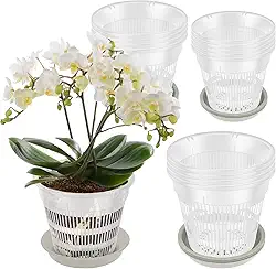 Pacote com 15 vasos de orquídeas transparentes com furos e pires, vasos de orquídeas de 10 cm, 14 e 16 cm, vaso de plástico respirável para replantar plantas de interior, suculentas, decorativo