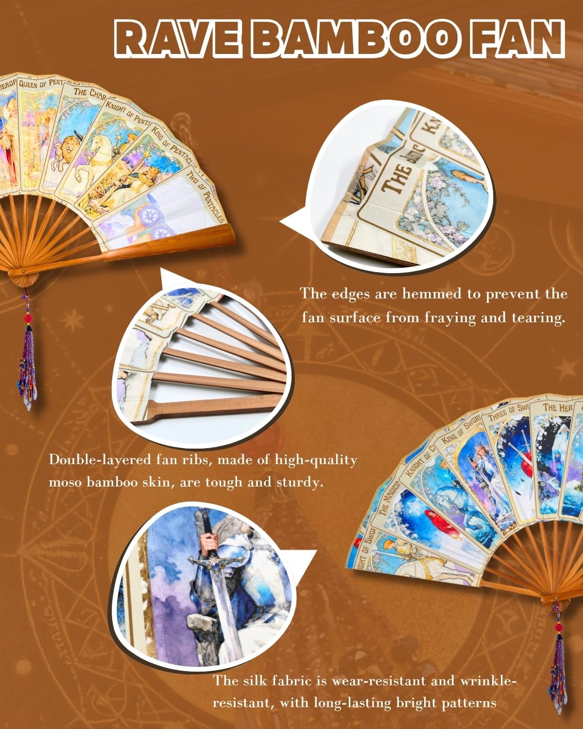 Oversized Folding Bamboo Tarot Hand Fan - Witchy Astrology Decor for Halloween,Rave fan, gypsy costume, Fortune Teller, Mystic Gift for Women (Brown)