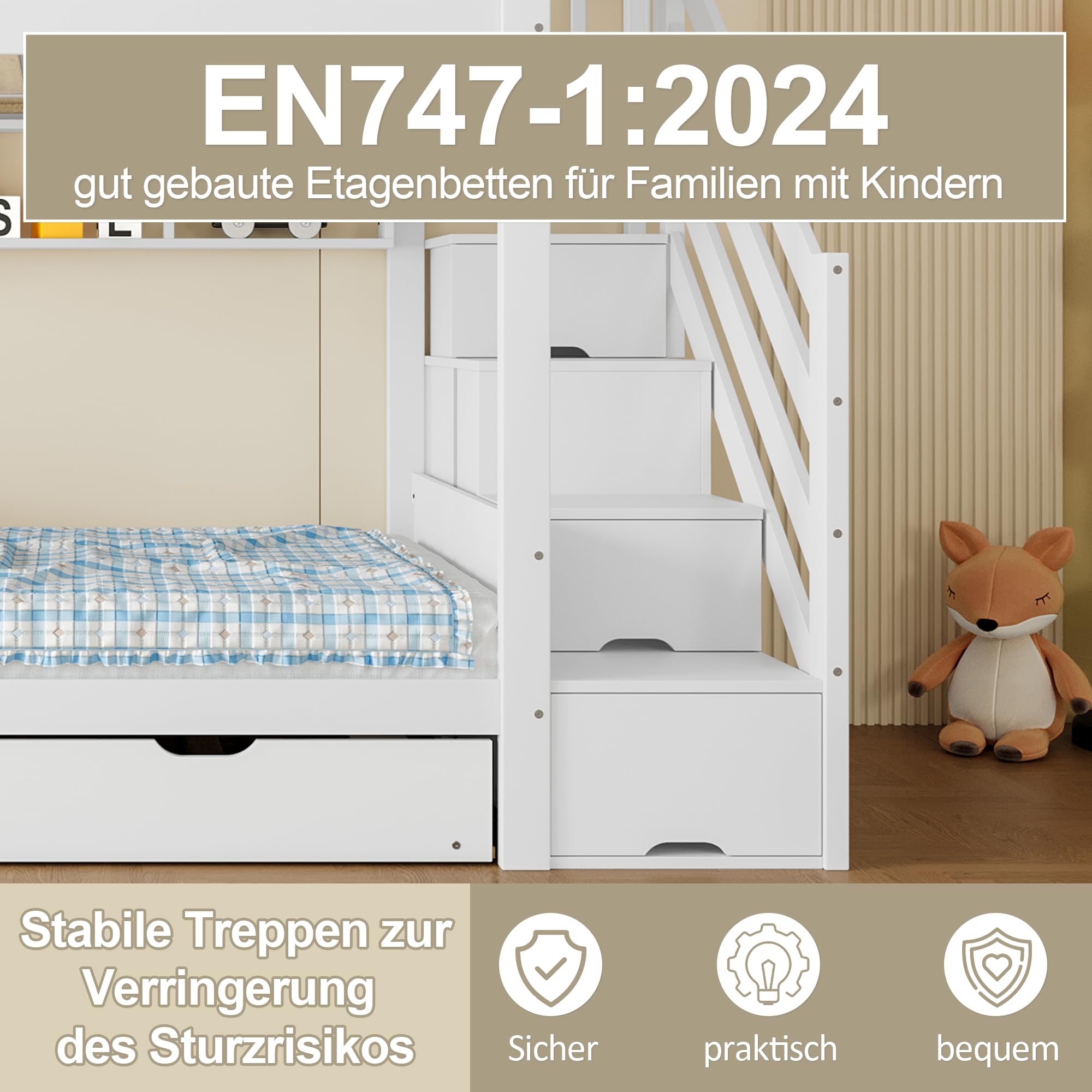 Merax Etagenbett Kinderbett 90x200 cm, Hochbett mit Ausziehbett, Kleiderschrank, Ablageleiter und Regal - Bettgestell mit Lattenrost (ohne Matratze), aus Kiefernholz, Weiß