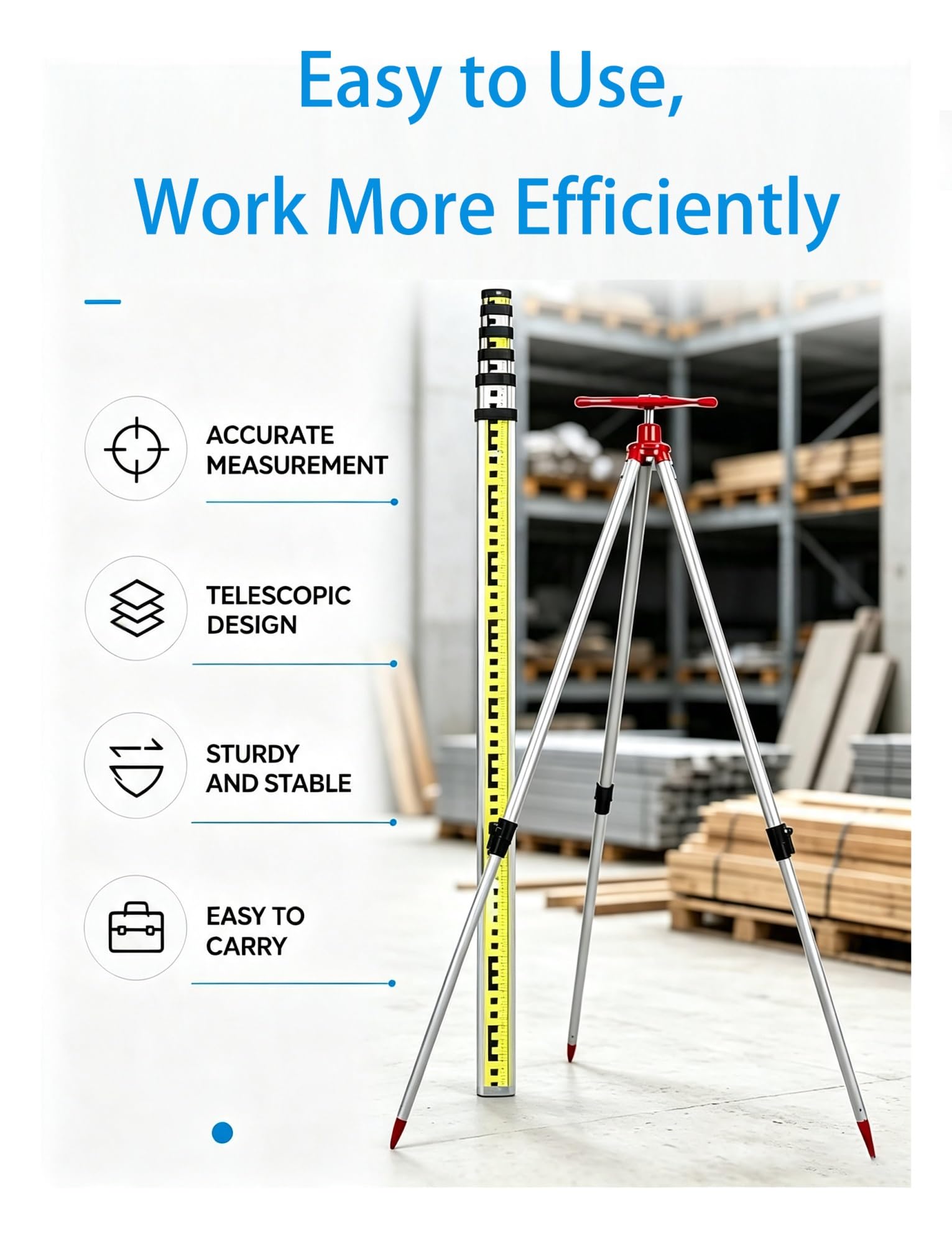 Vara telescópica de Aluminio con trípode para topografía y construcción.