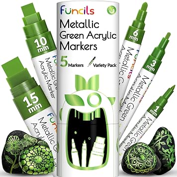 5 Green Paint Markers - Metallic Acrylic Pen for Rock Painting | Extra Fine Tip, Thin & Jumbo 1mm, 3mm, 6mm, 10mm, 15mm - Permanent Marker for Fabric, Metal, Plastic, Canvas, Wood, Glass